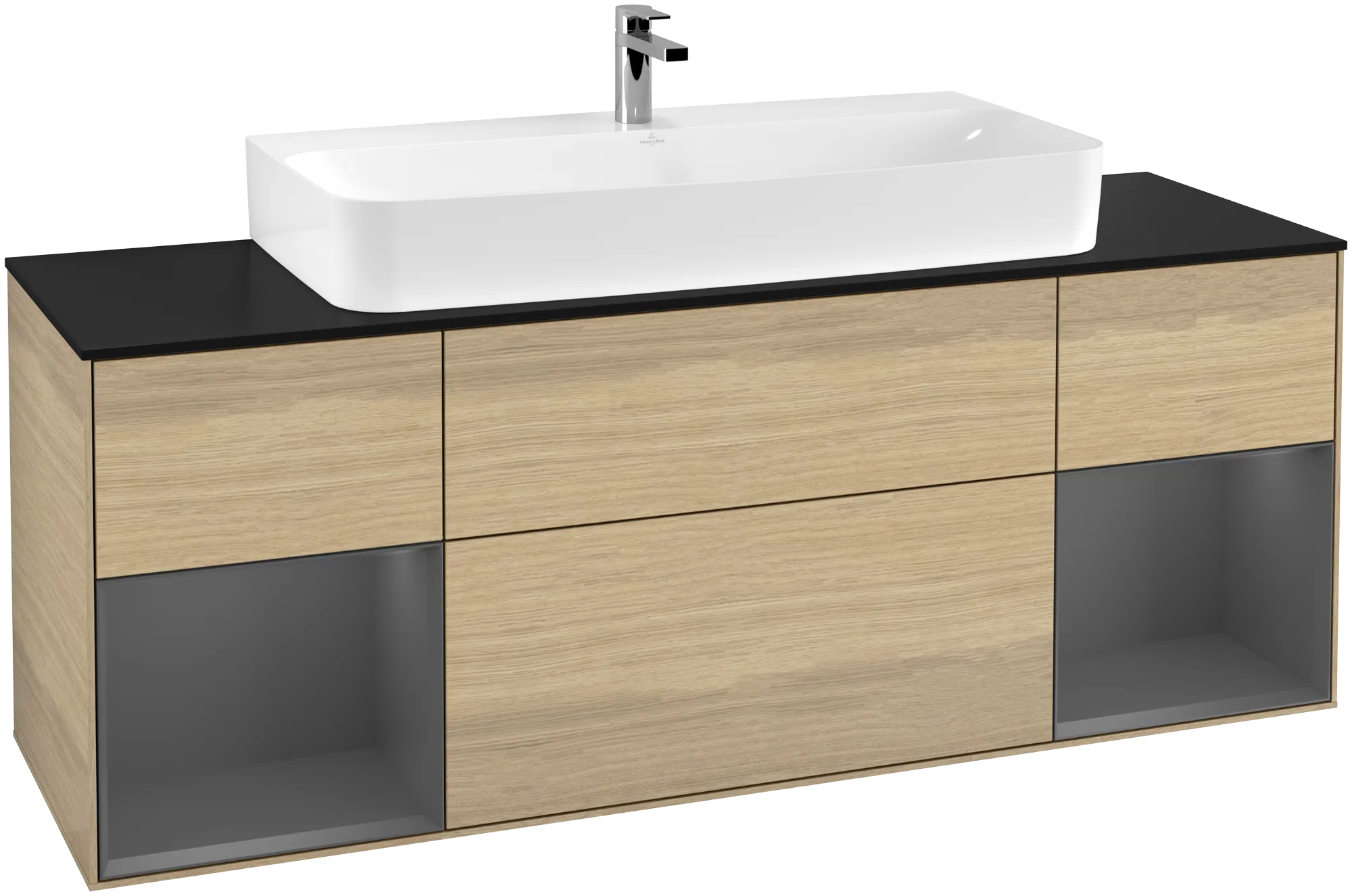 Picture of VILLEROY BOCH Finion Vanity unit, with lighting, 4 pull-out compartments, 1600 x 603 x 501 mm, Oak Veneer / Anthracite Matt Lacquer / Glass Black Matt #G212GKPC