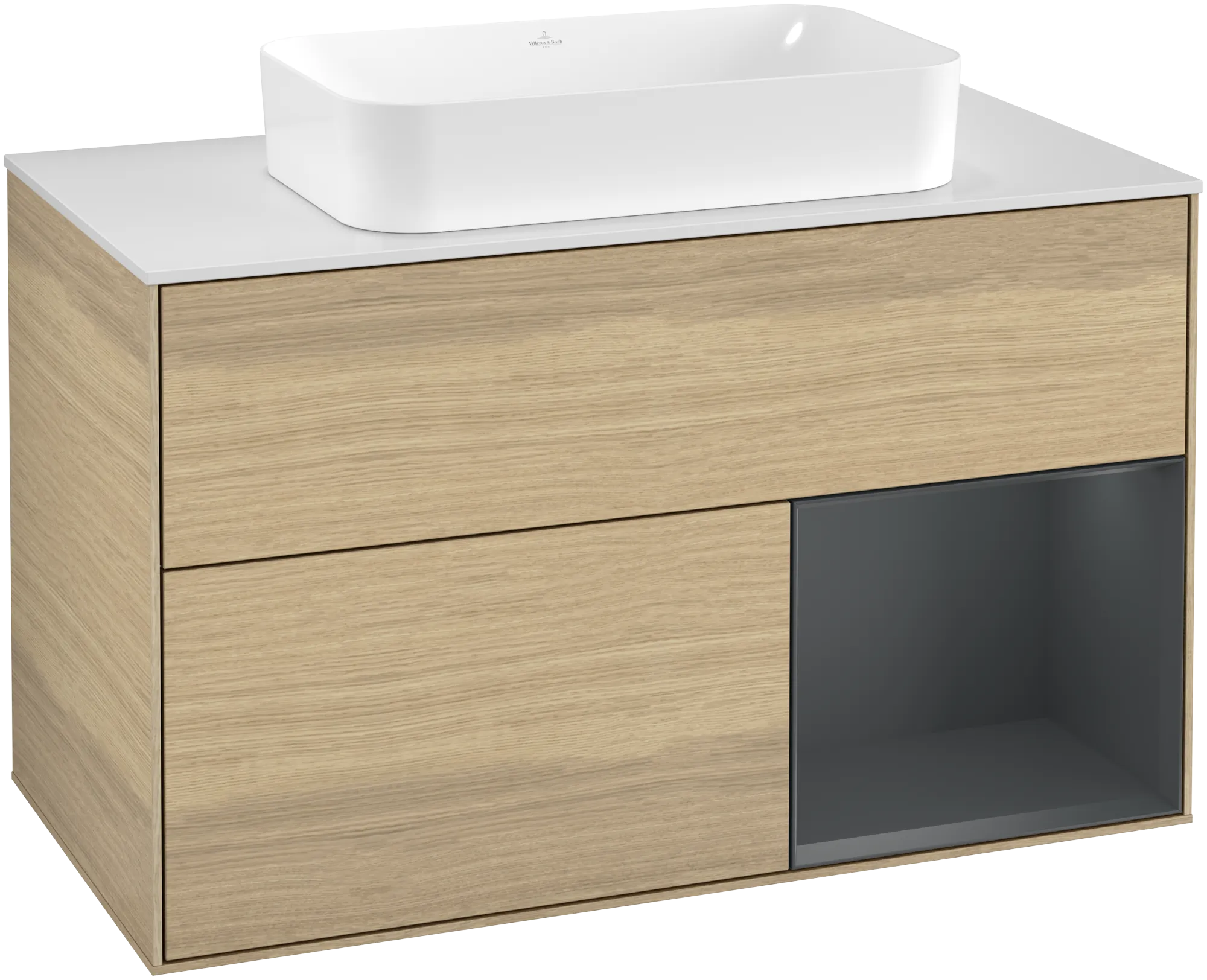 Picture of VILLEROY BOCH Finion Vanity unit, with lighting, 2 pull-out compartments, 1000 x 603 x 501 mm, Oak Veneer / Midnight Blue Matt Lacquer / Glass White Matt #G251HGPC