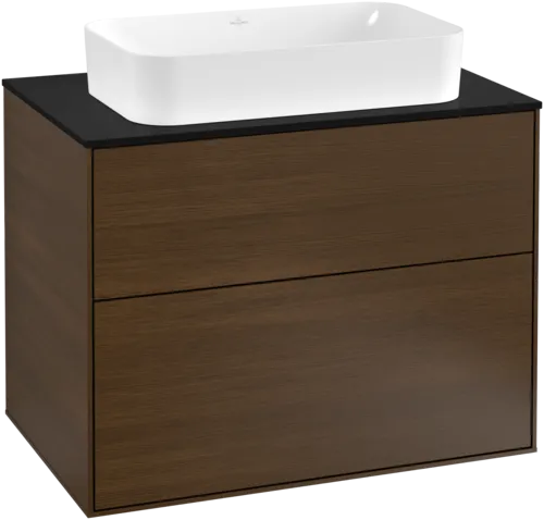 Picture of VILLEROY BOCH Finion Vanity unit, with lighting, 2 pull-out compartments, 800 x 603 x 501 mm, Walnut Veneer / Glass Black Matt #G22200GN