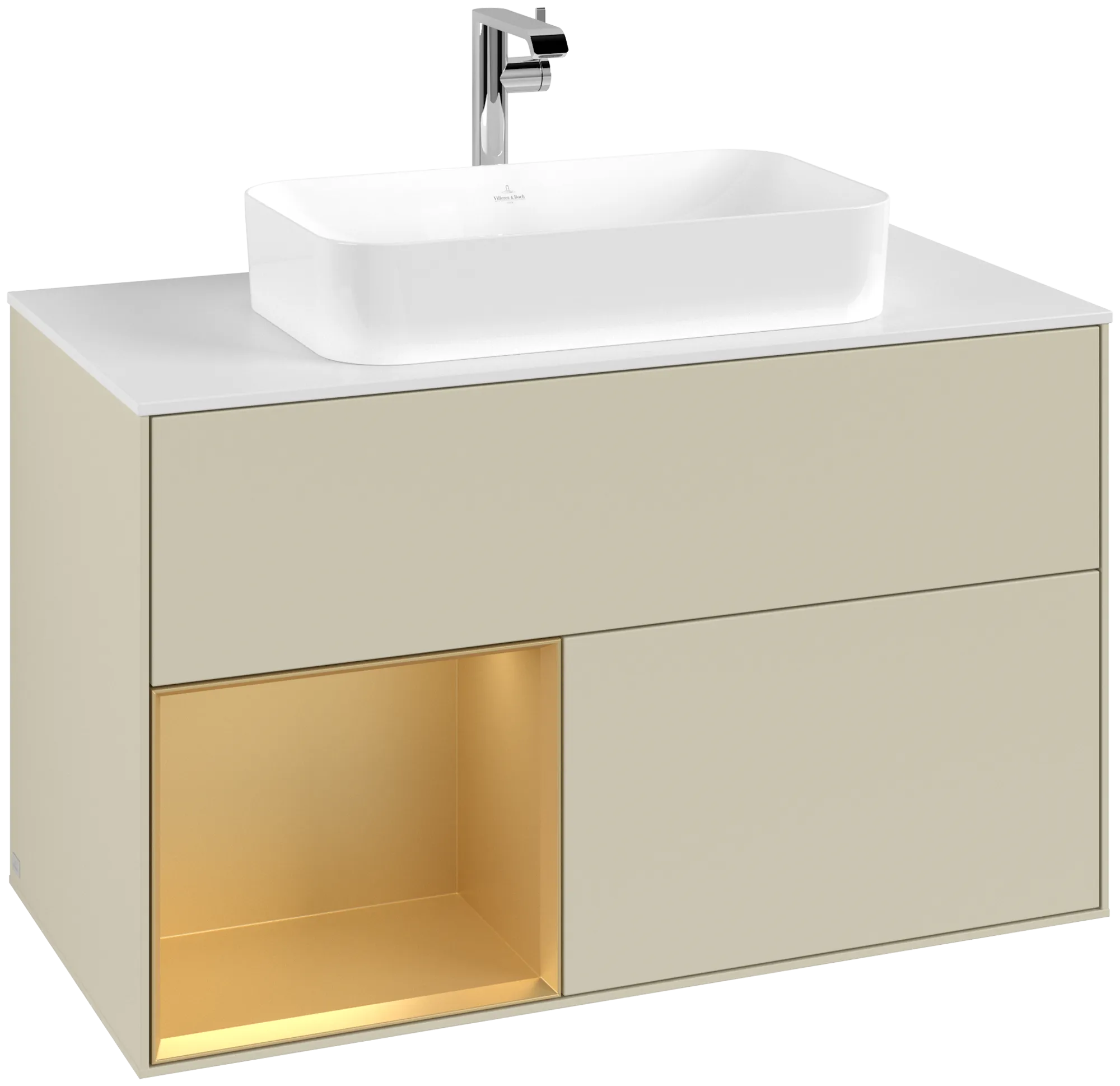Picture of VILLEROY BOCH Finion Vanity unit, with lighting, 2 pull-out compartments, 1000 x 603 x 501 mm, Silk Grey Matt Lacquer / Gold Matt Lacquer / Glass White Matt #G241HFHJ