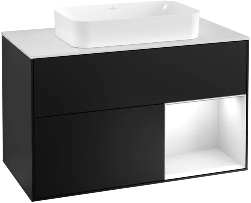 Picture of VILLEROY BOCH Finion Vanity unit, with lighting, 2 pull-out compartments, 1000 x 603 x 501 mm, Black Matt Lacquer / Glossy White Lacquer / Glass White Matt #G251GFPD