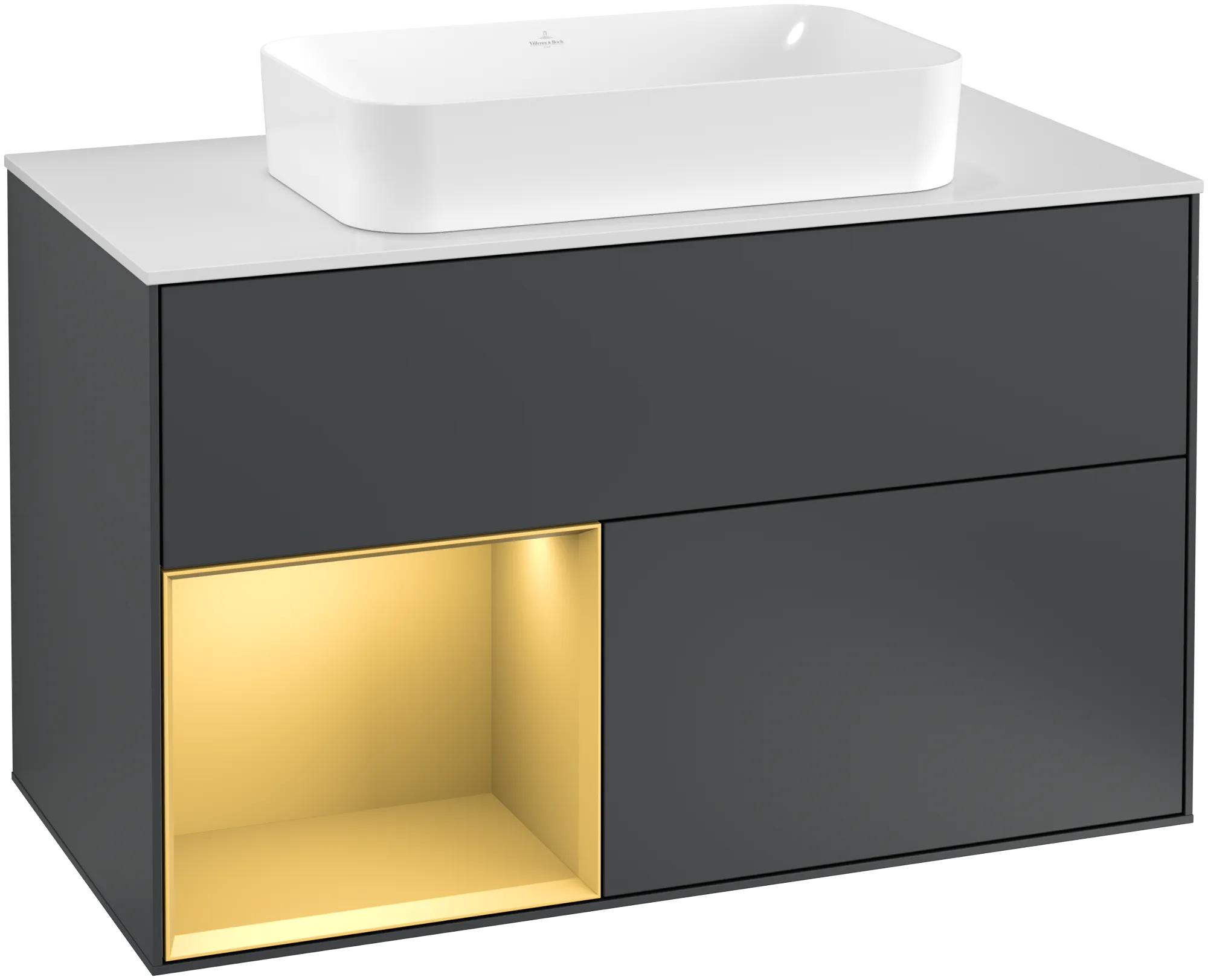 Picture of VILLEROY BOCH Finion Vanity unit, with lighting, 2 pull-out compartments, 1000 x 603 x 501 mm, Midnight Blue Matt Lacquer / Gold Matt Lacquer / Glass White Matt #G241HFHG