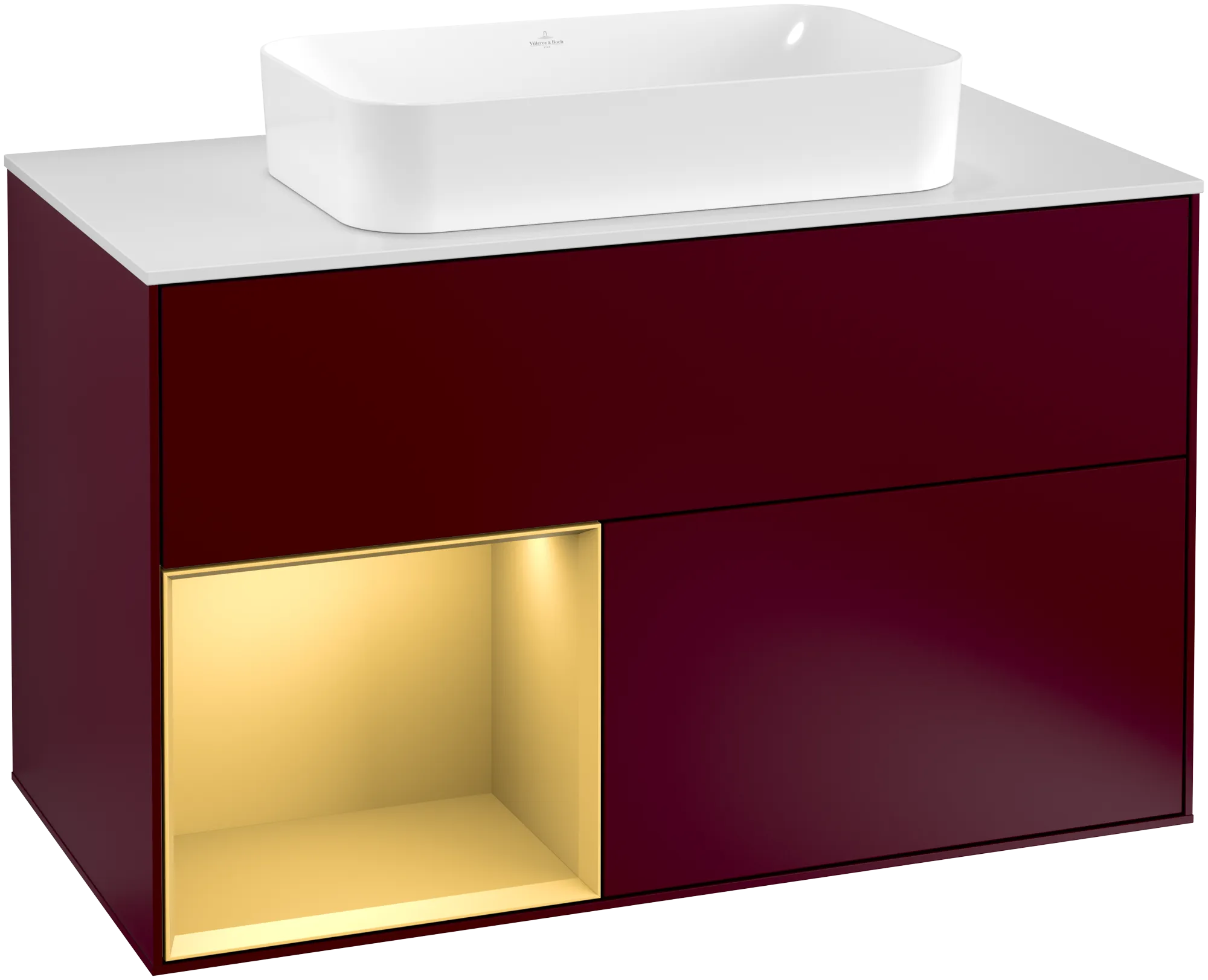 Picture of VILLEROY BOCH Finion Vanity unit, with lighting, 2 pull-out compartments, 1000 x 603 x 501 mm, Peony Matt Lacquer / Gold Matt Lacquer / Glass White Matt #G241HFHB