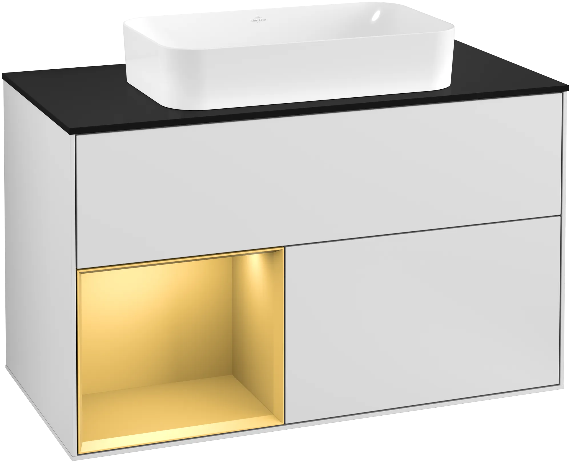 Picture of VILLEROY BOCH Finion Vanity unit, with lighting, 2 pull-out compartments, 1000 x 603 x 501 mm, White Matt Lacquer / Gold Matt Lacquer / Glass Black Matt #G242HFMT