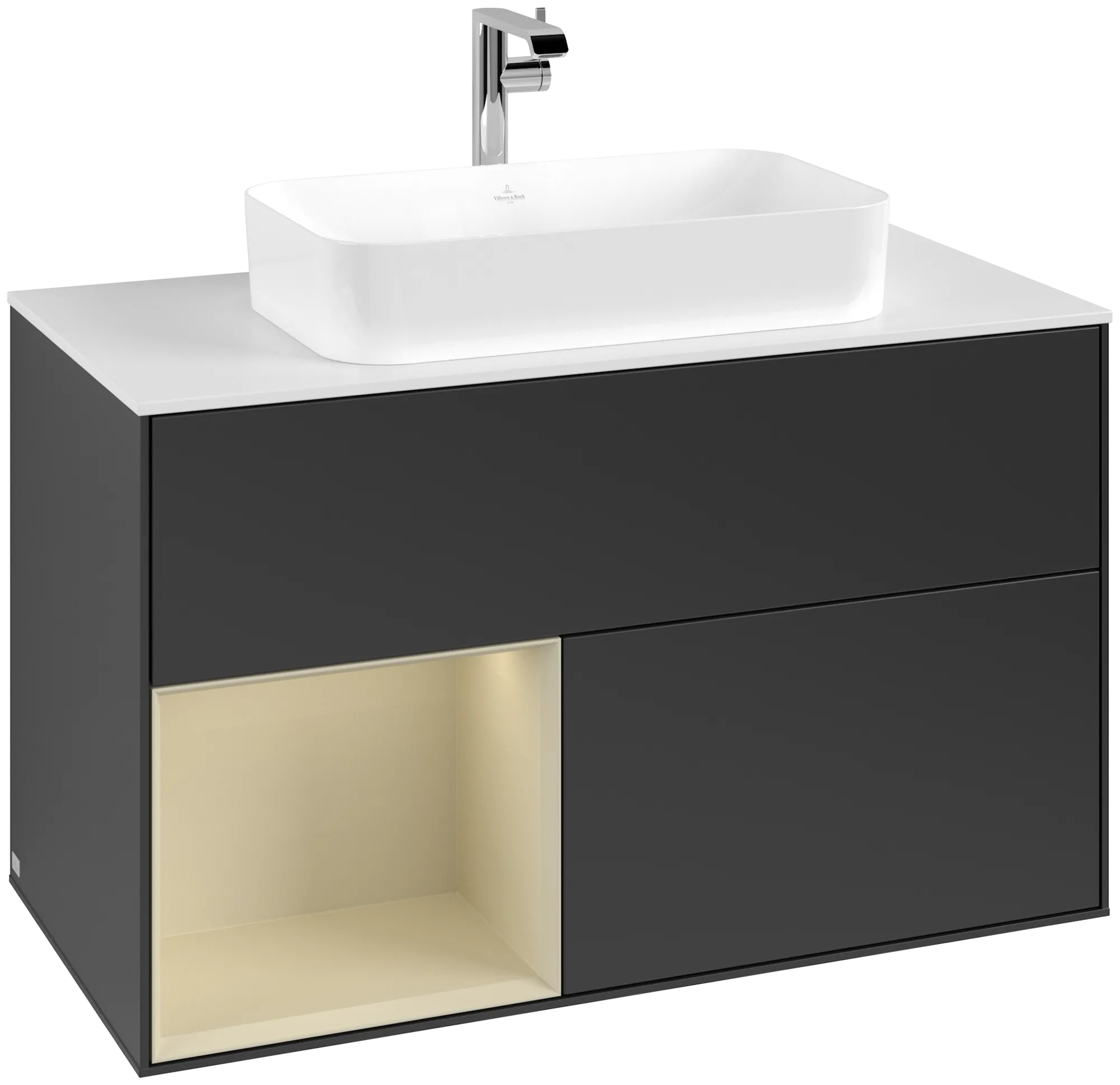 Picture of VILLEROY BOCH Finion Vanity unit, with lighting, 2 pull-out compartments, 1000 x 603 x 501 mm, Black Matt Lacquer / Silk Grey Matt Lacquer / Glass White Matt #G241HJPD