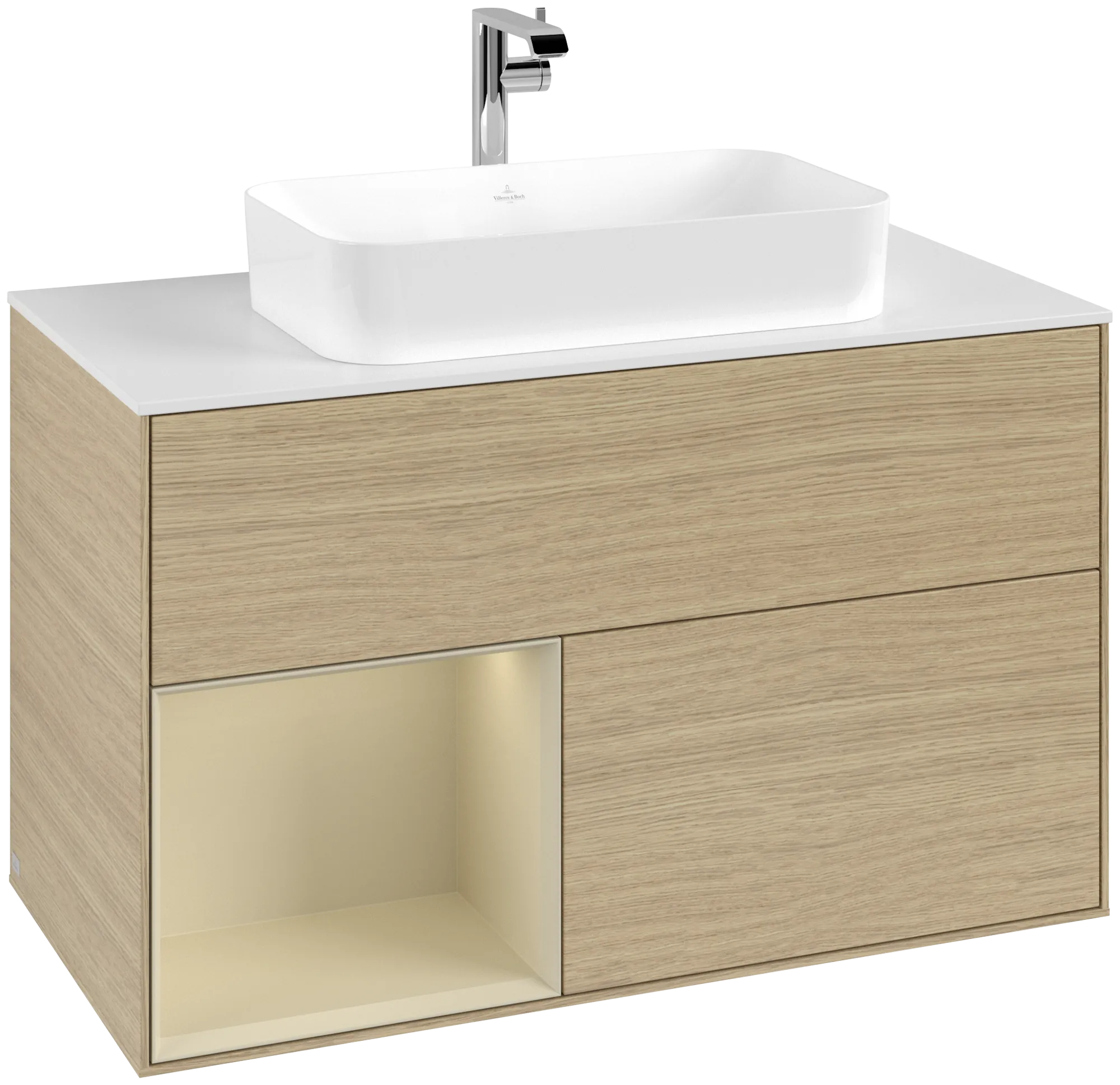 Picture of VILLEROY BOCH Finion Vanity unit, with lighting, 2 pull-out compartments, 1000 x 603 x 501 mm, Oak Veneer / Silk Grey Matt Lacquer / Glass White Matt #G241HJPC