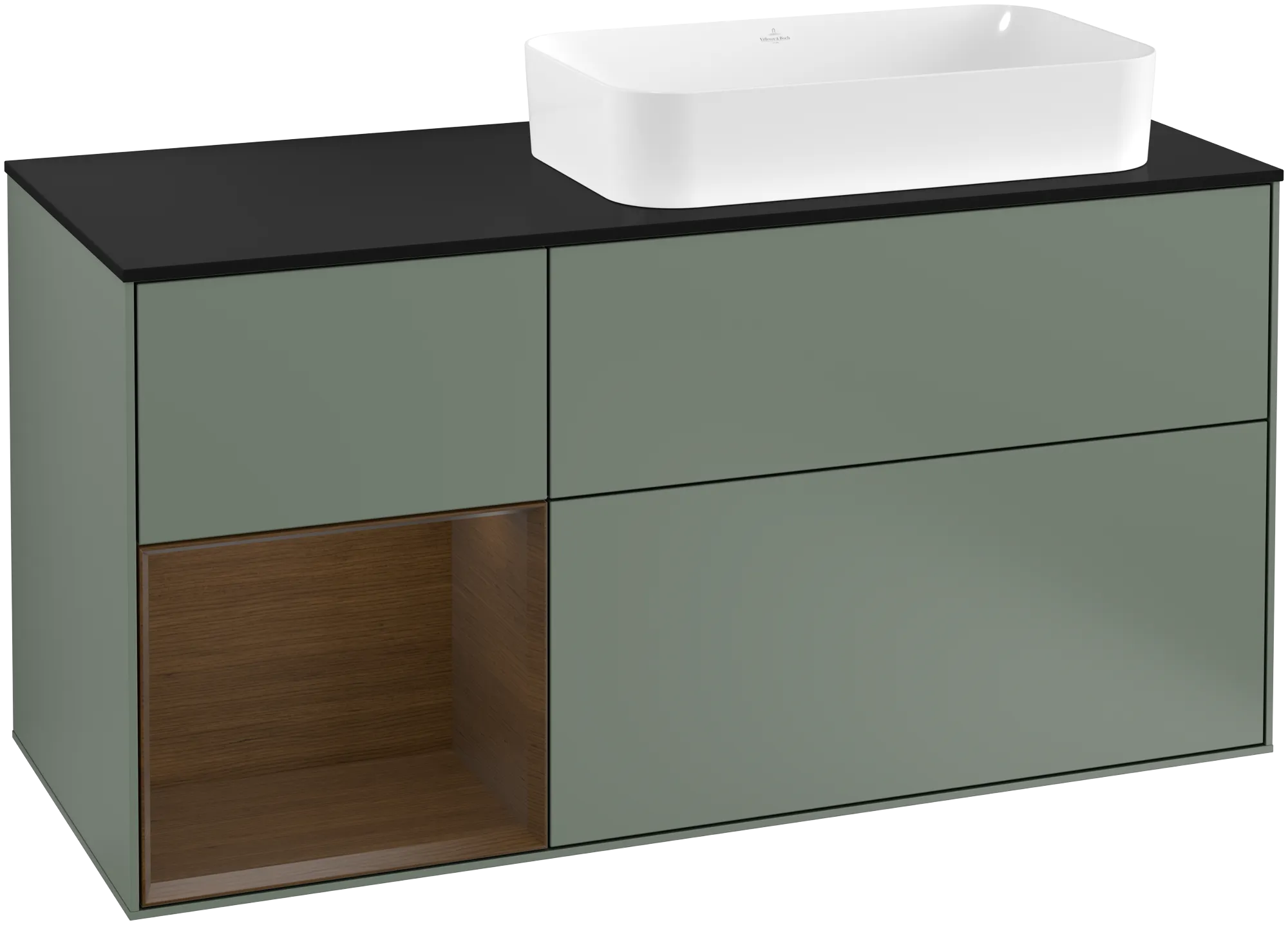 Picture of VILLEROY BOCH Finion Vanity unit, with lighting, 3 pull-out compartments, 1200 x 603 x 501 mm, Olive Matt Lacquer / Walnut Veneer / Glass Black Matt #G272GNGM