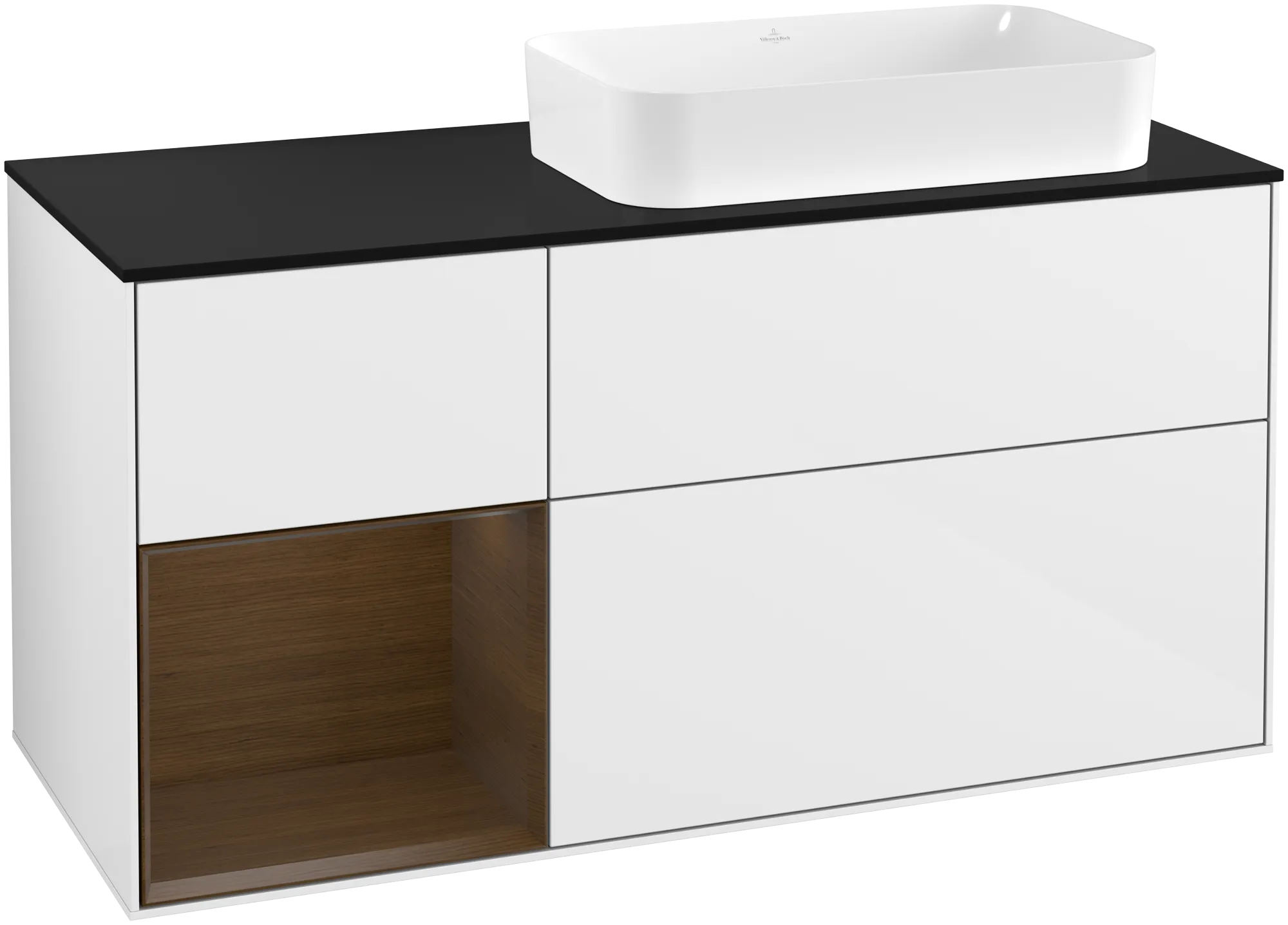 Picture of VILLEROY BOCH Finion Vanity unit, with lighting, 3 pull-out compartments, 1200 x 603 x 501 mm, Glossy White Lacquer / Walnut Veneer / Glass Black Matt #G272GNGF