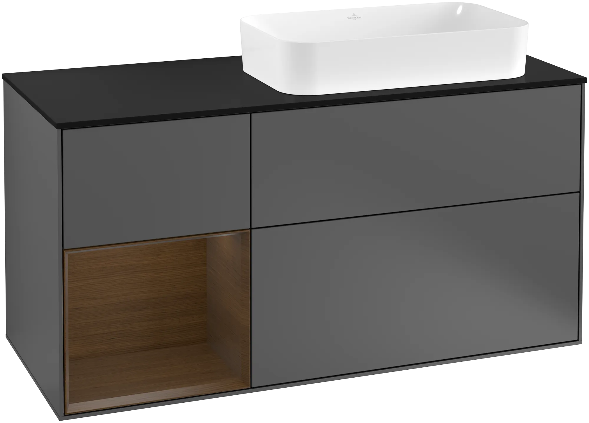 Picture of VILLEROY BOCH Finion Vanity unit, with lighting, 3 pull-out compartments, 1200 x 603 x 501 mm, Anthracite Matt Lacquer / Walnut Veneer / Glass Black Matt #G272GNGK
