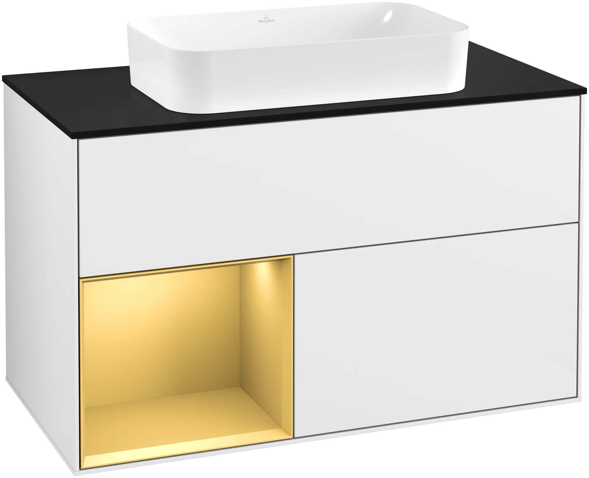 Picture of VILLEROY BOCH Finion Vanity unit, with lighting, 2 pull-out compartments, 1000 x 603 x 501 mm, Glossy White Lacquer / Gold Matt Lacquer / Glass Black Matt #G242HFGF