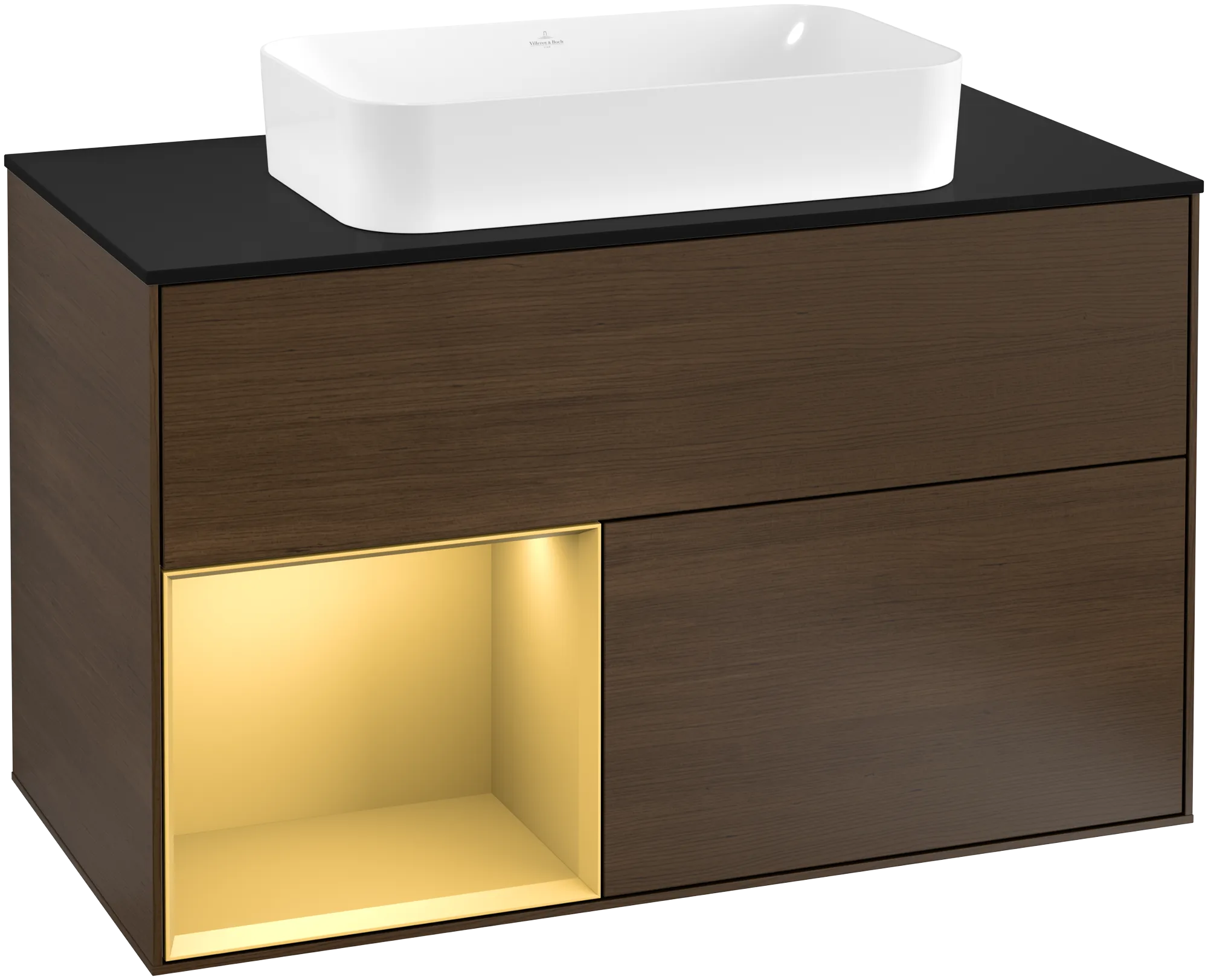 Picture of VILLEROY BOCH Finion Vanity unit, with lighting, 2 pull-out compartments, 1000 x 603 x 501 mm, Walnut Veneer / Gold Matt Lacquer / Glass Black Matt #G242HFGN