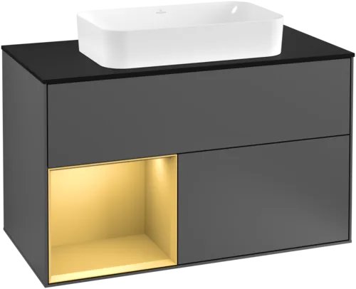 Picture of VILLEROY BOCH Finion Vanity unit, with lighting, 2 pull-out compartments, 1000 x 603 x 501 mm, Anthracite Matt Lacquer / Gold Matt Lacquer / Glass Black Matt #G242HFGK
