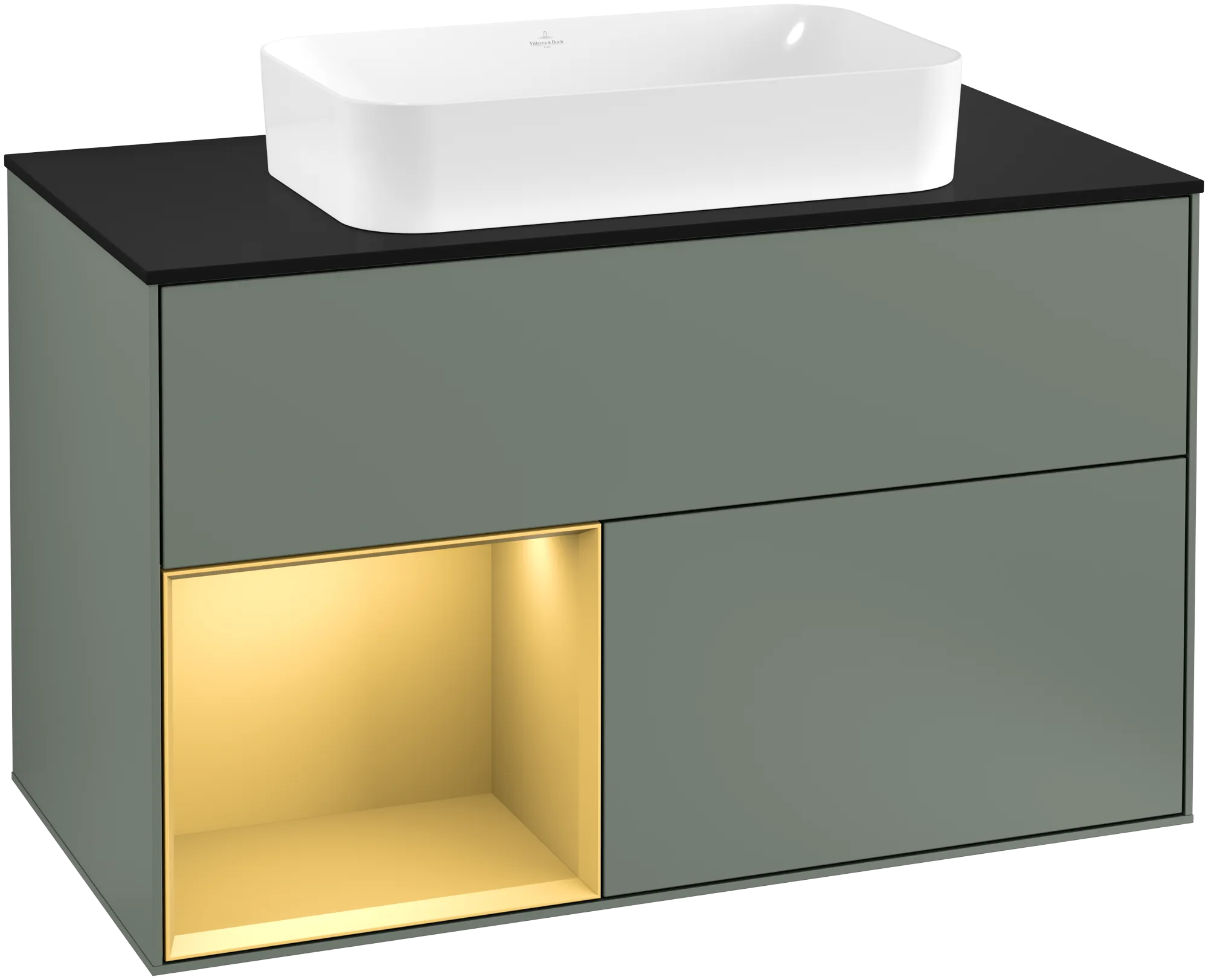 Picture of VILLEROY BOCH Finion Vanity unit, with lighting, 2 pull-out compartments, 1000 x 603 x 501 mm, Olive Matt Lacquer / Gold Matt Lacquer / Glass Black Matt #G242HFGM