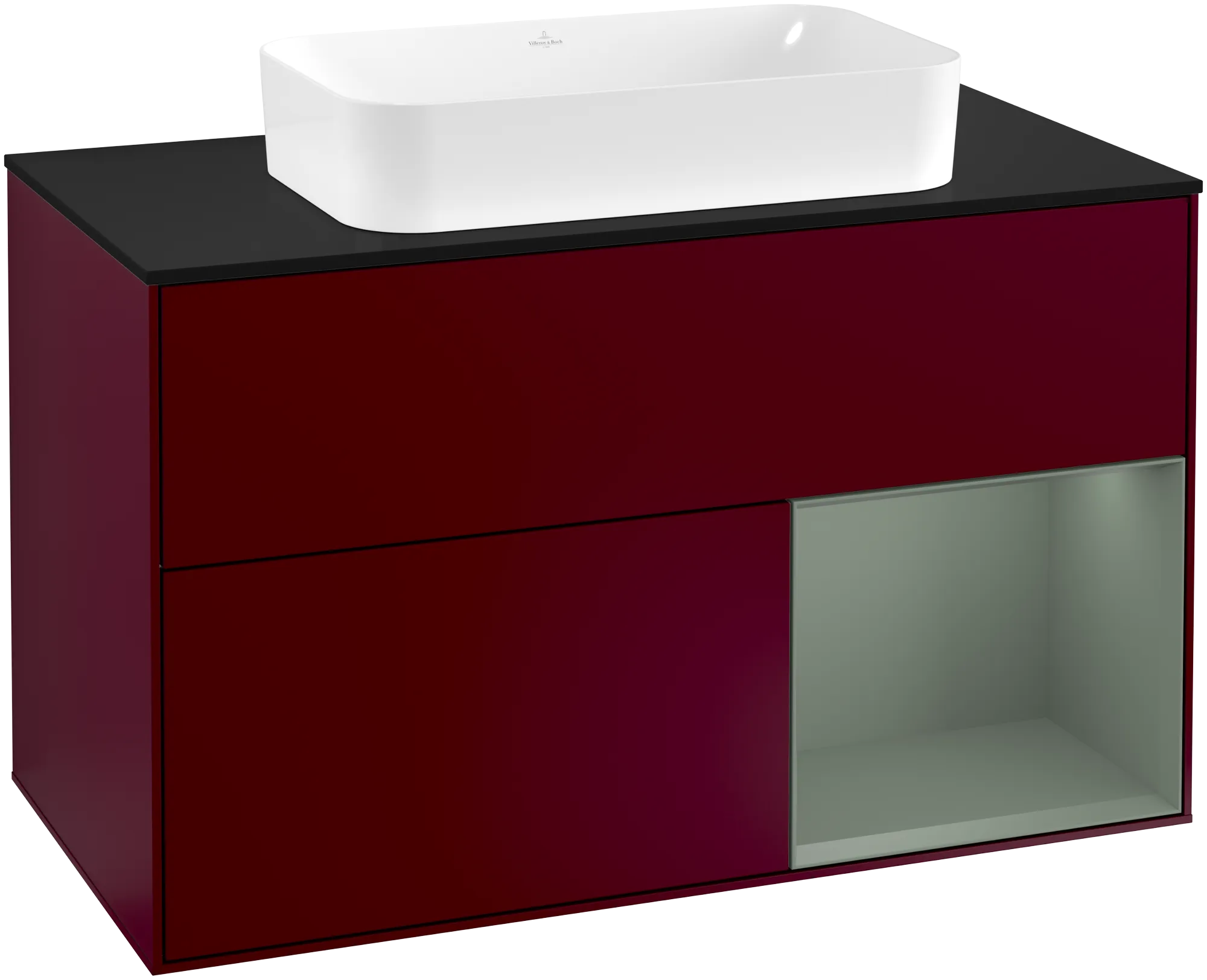Picture of VILLEROY BOCH Finion Vanity unit, with lighting, 2 pull-out compartments, 1000 x 603 x 501 mm, Peony Matt Lacquer / Olive Matt Lacquer / Glass Black Matt #G252GMHB