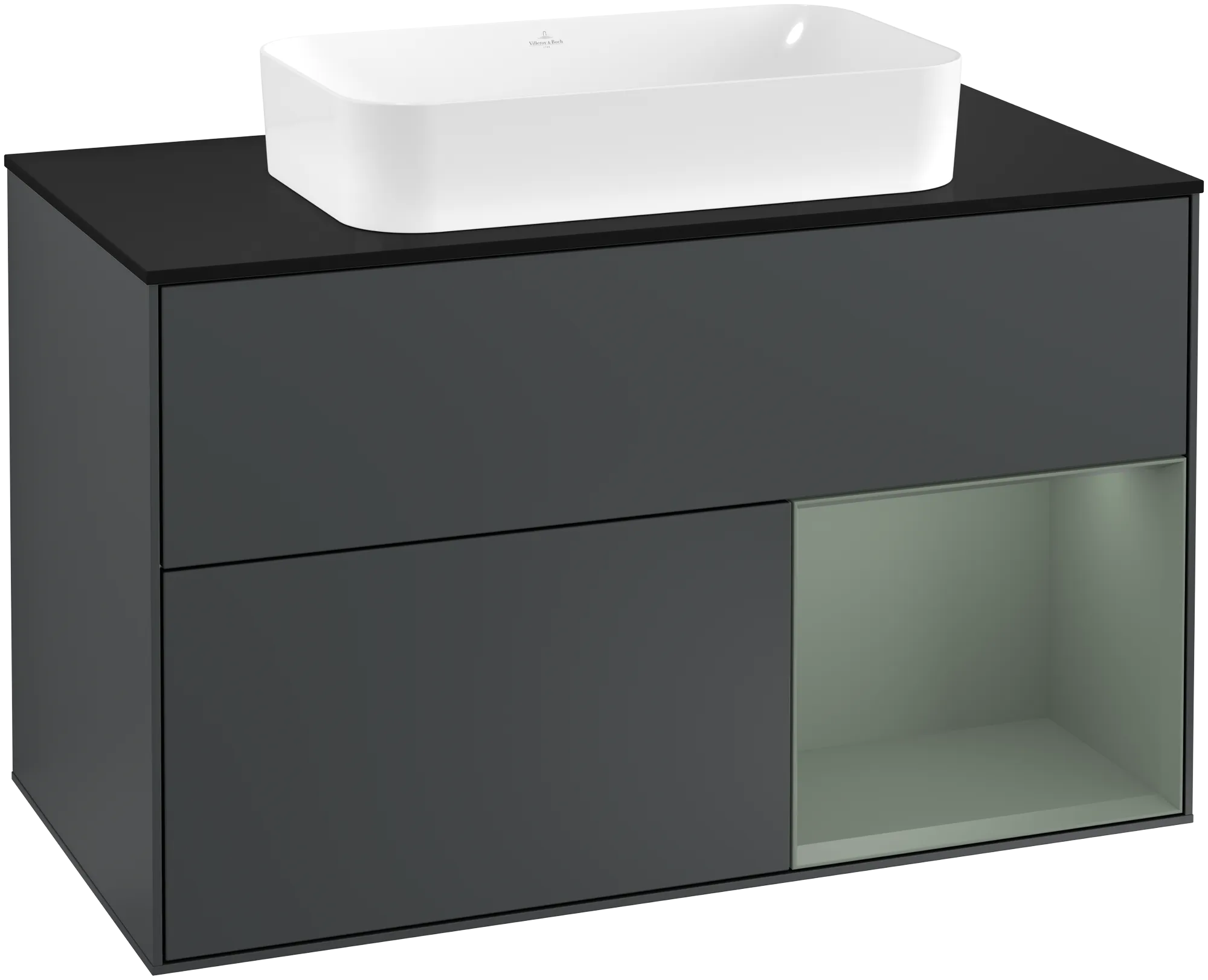 Picture of VILLEROY BOCH Finion Vanity unit, with lighting, 2 pull-out compartments, 1000 x 603 x 501 mm, Midnight Blue Matt Lacquer / Olive Matt Lacquer / Glass Black Matt #G252GMHG