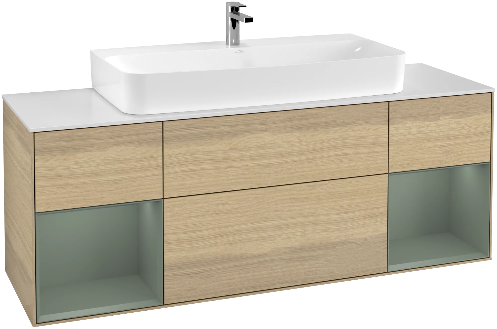 Picture of VILLEROY BOCH Finion Vanity unit, with lighting, 4 pull-out compartments, 1600 x 603 x 501 mm, Oak Veneer / Olive Matt Lacquer / Glass White Matt #G211GMPC