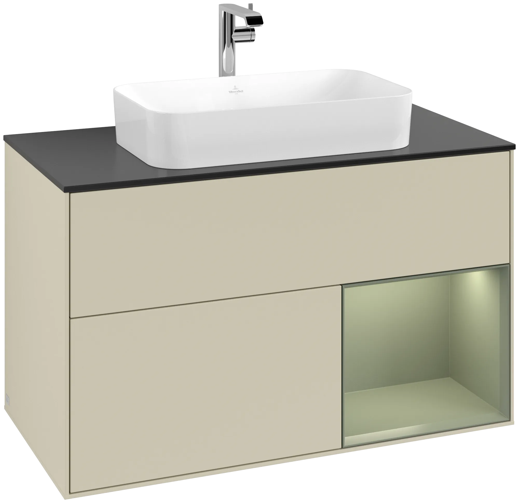 Picture of VILLEROY BOCH Finion Vanity unit, with lighting, 2 pull-out compartments, 1000 x 603 x 501 mm, Silk Grey Matt Lacquer / Olive Matt Lacquer / Glass Black Matt #G252GMHJ