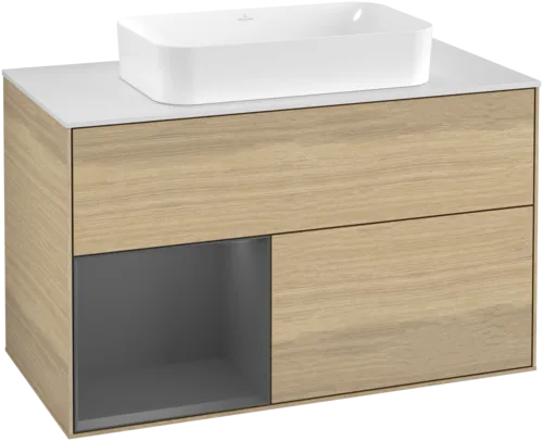 Picture of VILLEROY BOCH Finion Vanity unit, with lighting, 2 pull-out compartments, 1000 x 603 x 501 mm, Oak Veneer / Anthracite Matt Lacquer / Glass White Matt #G241GKPC