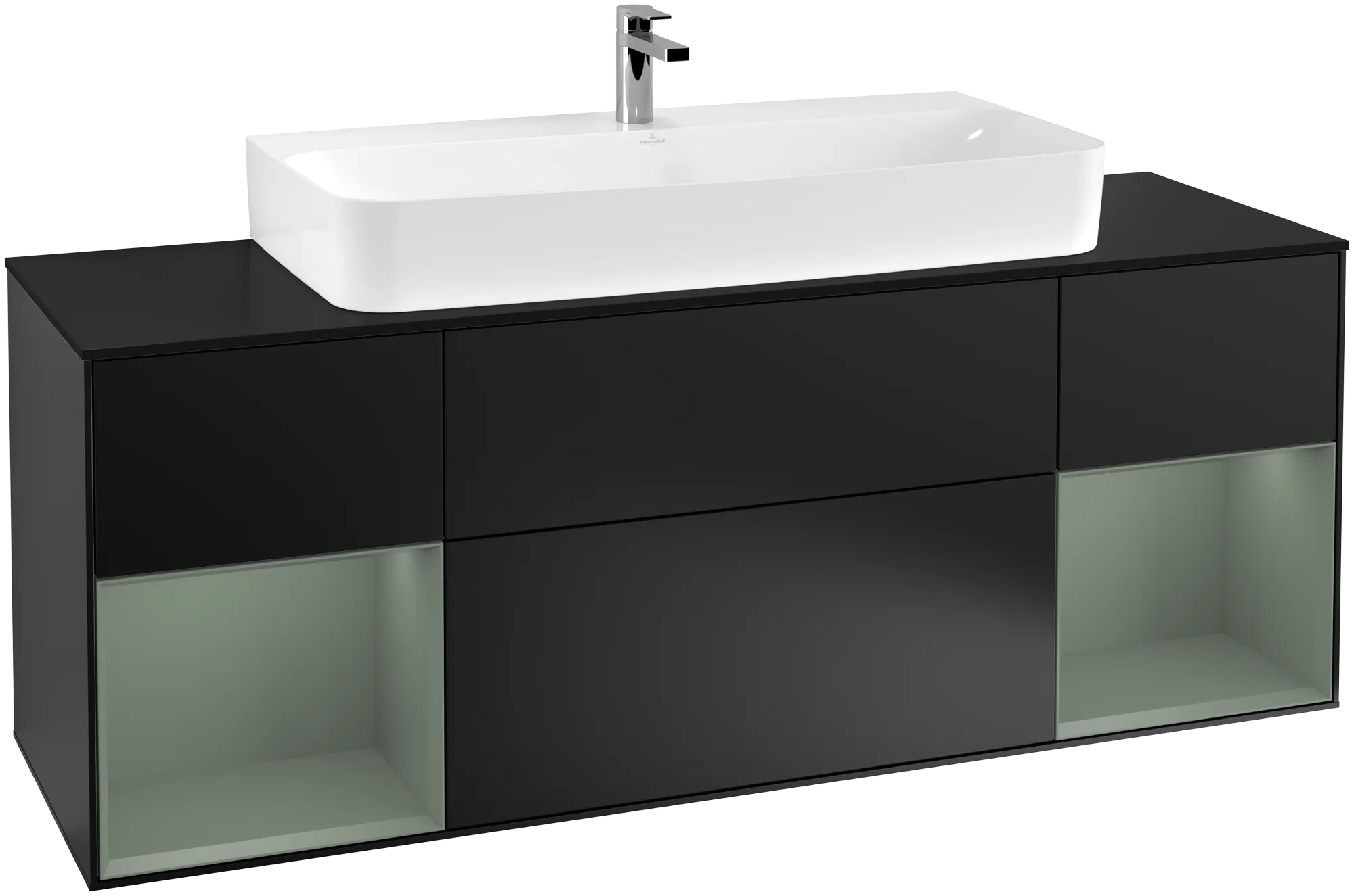 Picture of VILLEROY BOCH Finion Vanity unit, with lighting, 4 pull-out compartments, 1600 x 603 x 501 mm, Black Matt Lacquer / Olive Matt Lacquer / Glass Black Matt #G212GMPD