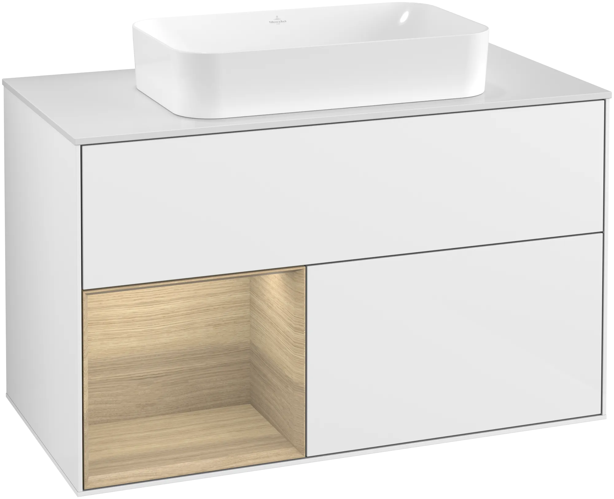 Picture of VILLEROY BOCH Finion Vanity unit, with lighting, 2 pull-out compartments, 1000 x 603 x 501 mm, Glossy White Lacquer / Oak Veneer / Glass White Matt #G241PCGF