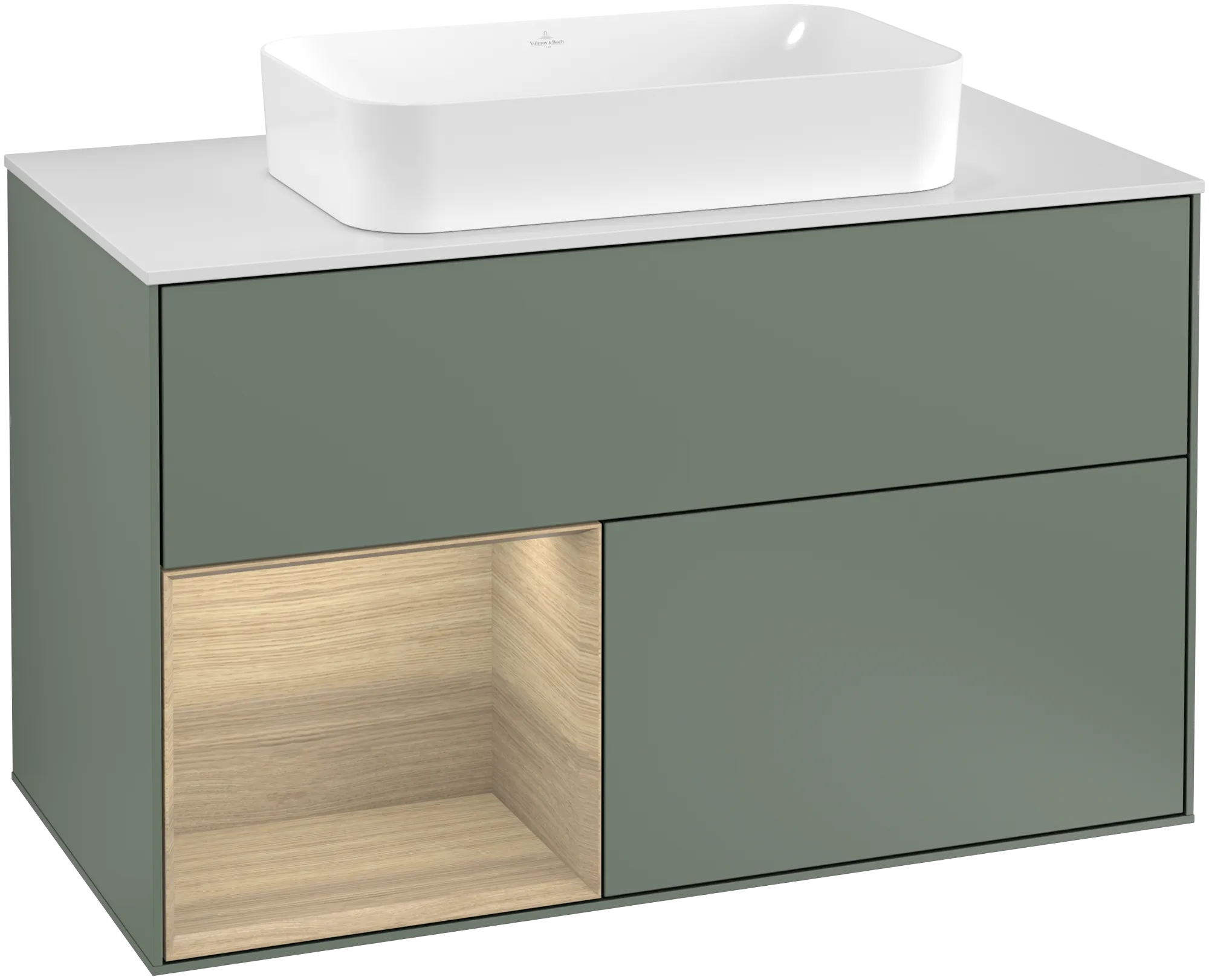Picture of VILLEROY BOCH Finion Vanity unit, with lighting, 2 pull-out compartments, 1000 x 603 x 501 mm, Olive Matt Lacquer / Oak Veneer / Glass White Matt #G241PCGM