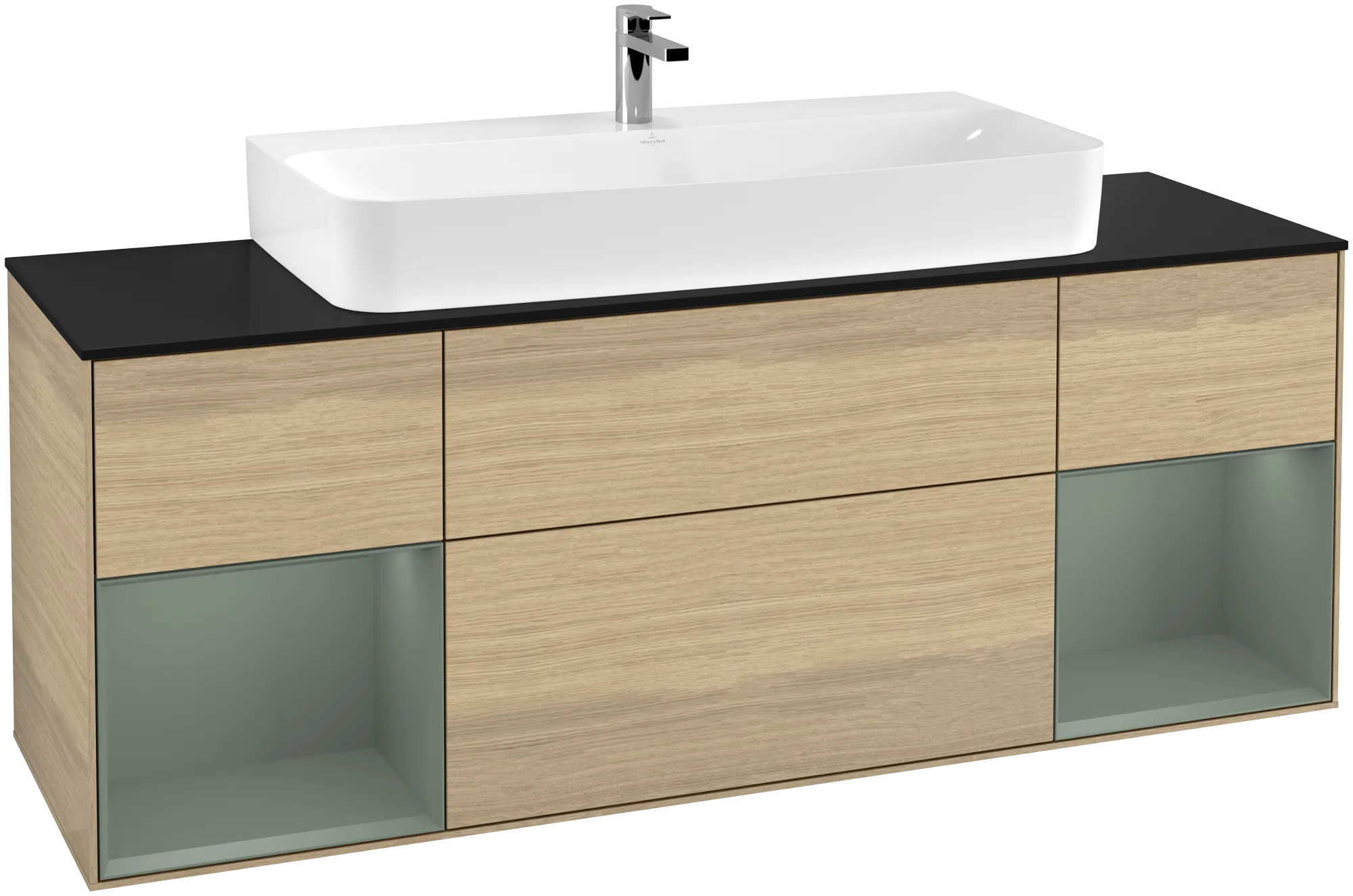 Picture of VILLEROY BOCH Finion Vanity unit, with lighting, 4 pull-out compartments, 1600 x 603 x 501 mm, Oak Veneer / Olive Matt Lacquer / Glass Black Matt #G212GMPC