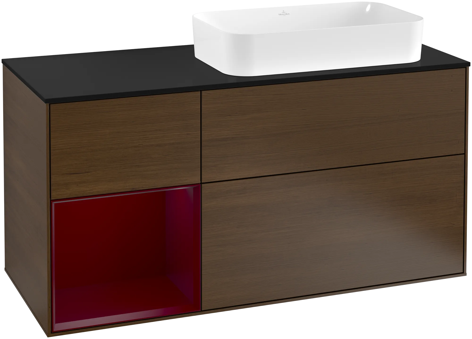 Picture of VILLEROY BOCH Finion Vanity unit, with lighting, 3 pull-out compartments, 1200 x 603 x 501 mm, Walnut Veneer / Peony Matt Lacquer / Glass Black Matt #G272HBGN
