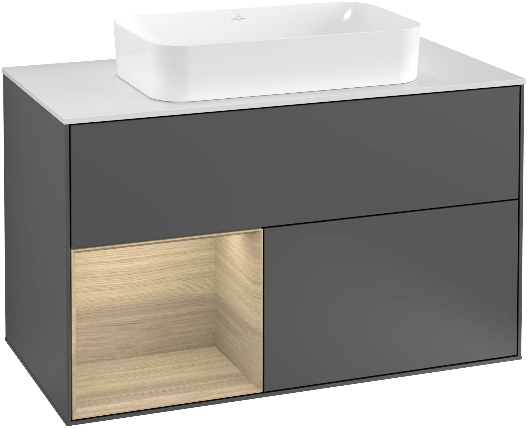 Picture of VILLEROY BOCH Finion Vanity unit, with lighting, 2 pull-out compartments, 1000 x 603 x 501 mm, Anthracite Matt Lacquer / Oak Veneer / Glass White Matt #G241PCGK