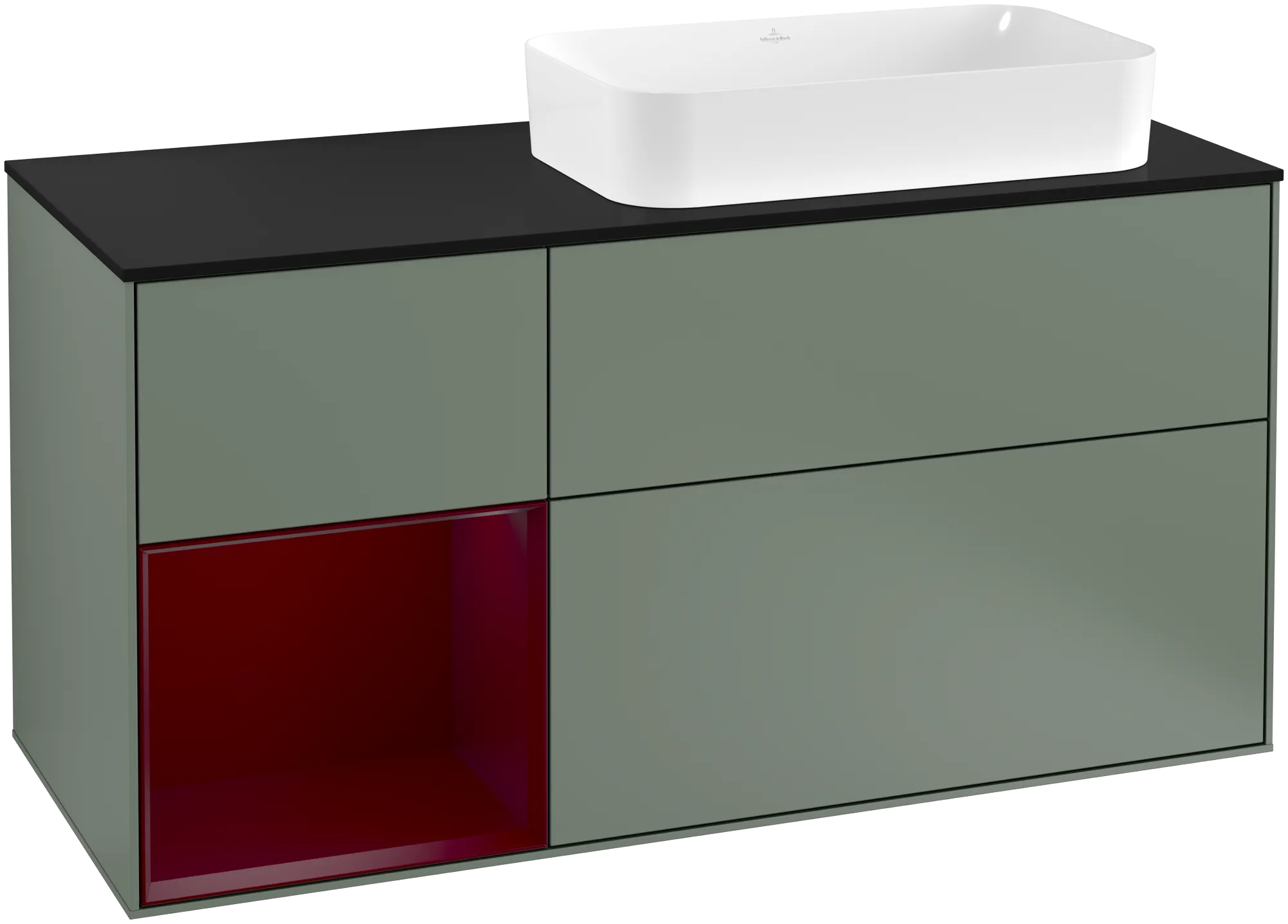 Picture of VILLEROY BOCH Finion Vanity unit, with lighting, 3 pull-out compartments, 1200 x 603 x 501 mm, Olive Matt Lacquer / Peony Matt Lacquer / Glass Black Matt #G272HBGM