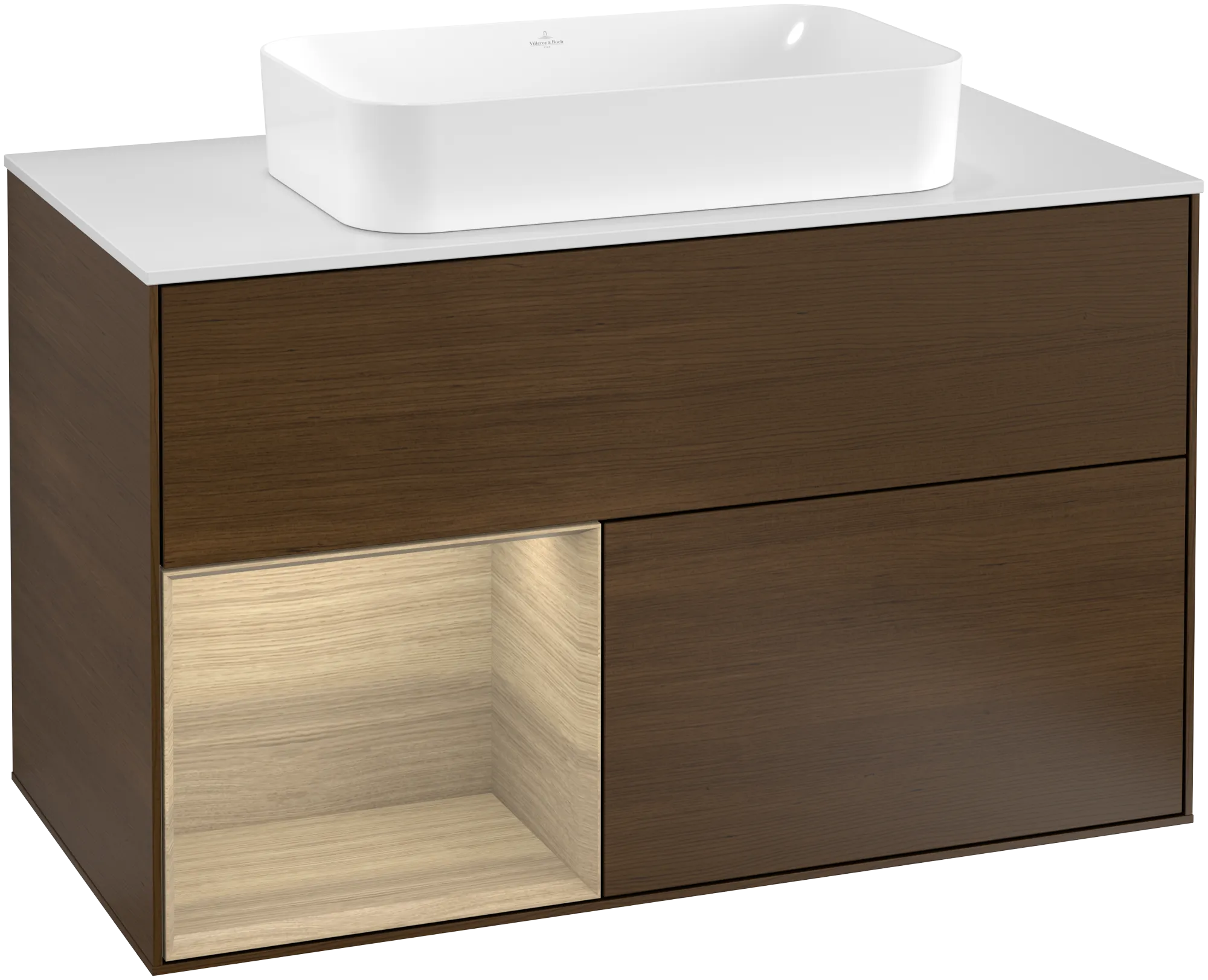 Picture of VILLEROY BOCH Finion Vanity unit, with lighting, 2 pull-out compartments, 1000 x 603 x 501 mm, Walnut Veneer / Oak Veneer / Glass White Matt #G241PCGN