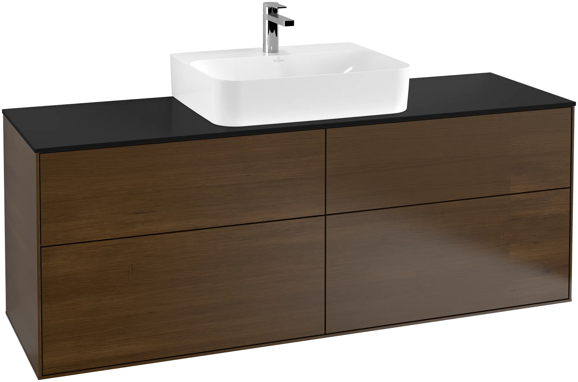 Picture of VILLEROY BOCH Finion Vanity unit, with lighting, 4 pull-out compartments, 1600 x 603 x 501 mm, Walnut Veneer / Glass Black Matt #G19200GN