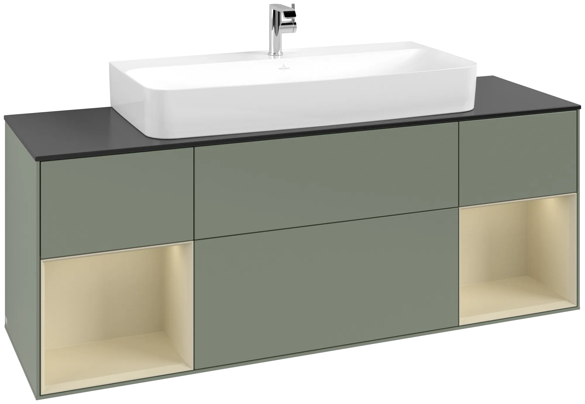 Picture of VILLEROY BOCH Finion Vanity unit, with lighting, 4 pull-out compartments, 1600 x 603 x 501 mm, Olive Matt Lacquer / Silk Grey Matt Lacquer / Glass Black Matt #G212HJGM