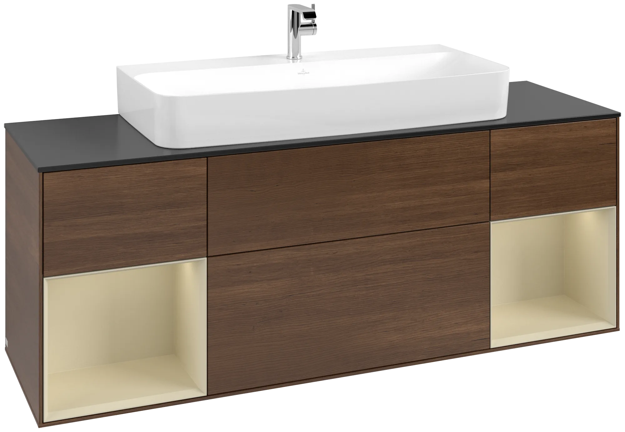 Picture of VILLEROY BOCH Finion Vanity unit, with lighting, 4 pull-out compartments, 1600 x 603 x 501 mm, Walnut Veneer / Silk Grey Matt Lacquer / Glass Black Matt #G212HJGN
