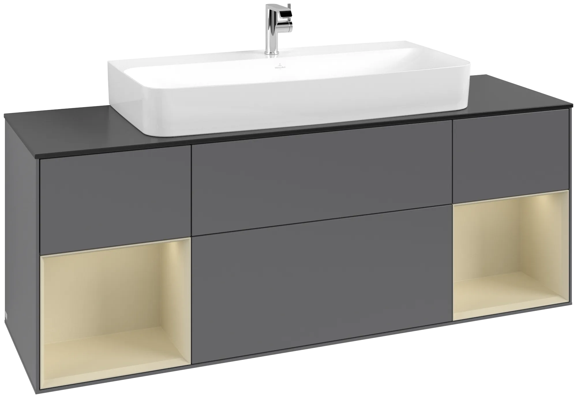 Picture of VILLEROY BOCH Finion Vanity unit, with lighting, 4 pull-out compartments, 1600 x 603 x 501 mm, Anthracite Matt Lacquer / Silk Grey Matt Lacquer / Glass Black Matt #G212HJGK