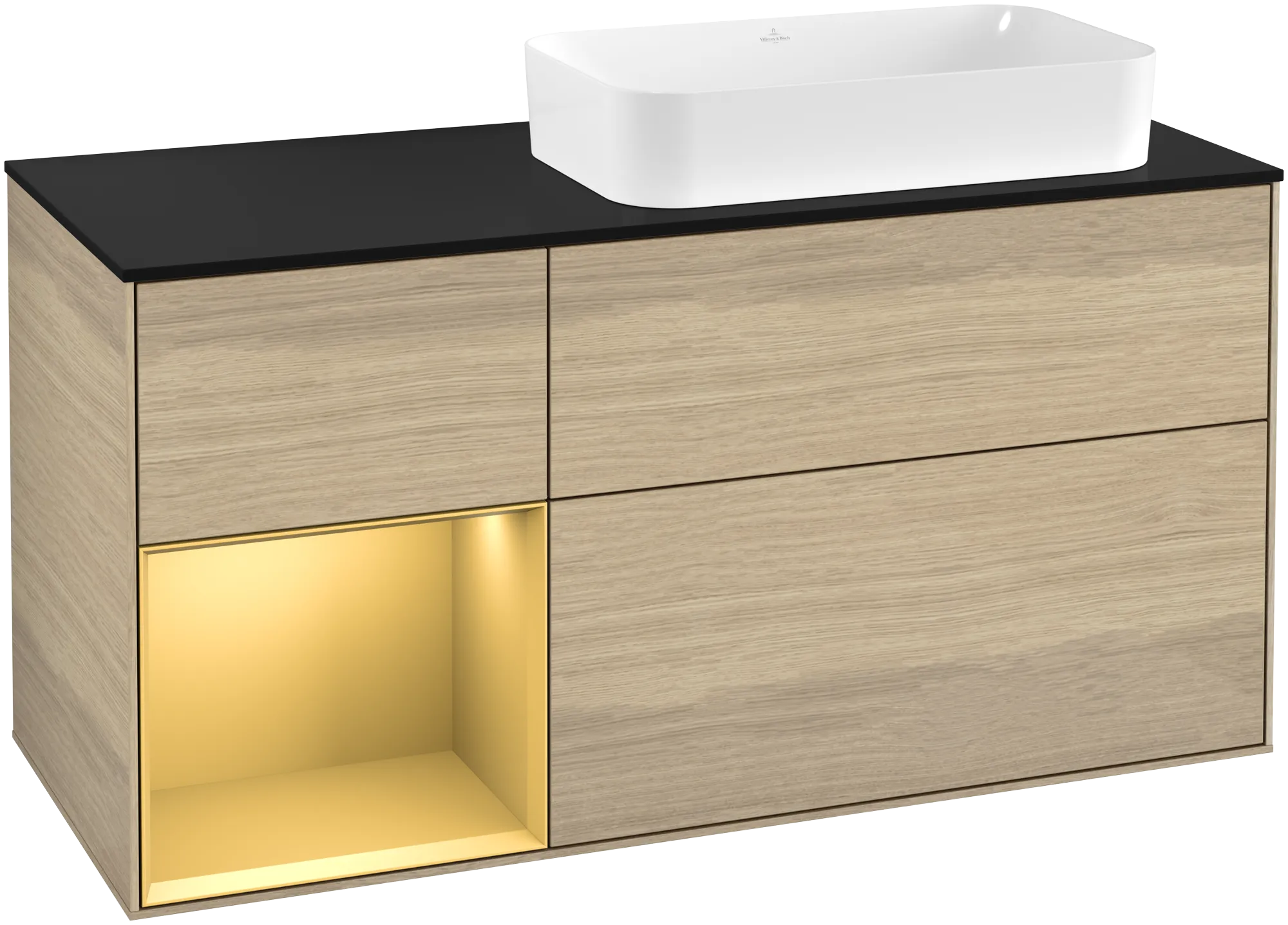 Picture of VILLEROY BOCH Finion Vanity unit, with lighting, 3 pull-out compartments, 1200 x 603 x 501 mm, Oak Veneer / Gold Matt Lacquer / Glass Black Matt #G272HFPC