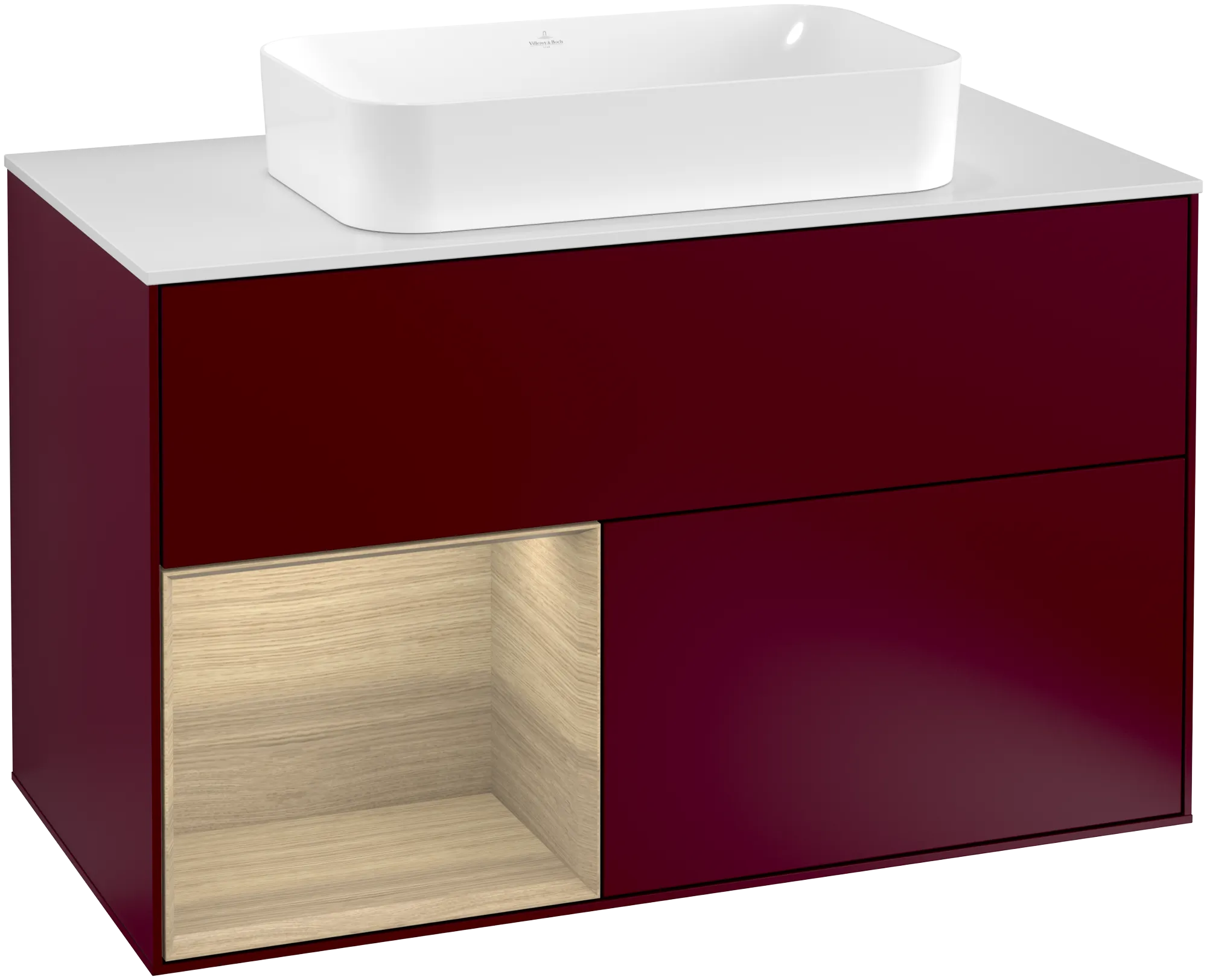 Picture of VILLEROY BOCH Finion Vanity unit, with lighting, 2 pull-out compartments, 1000 x 603 x 501 mm, Peony Matt Lacquer / Oak Veneer / Glass White Matt #G241PCHB