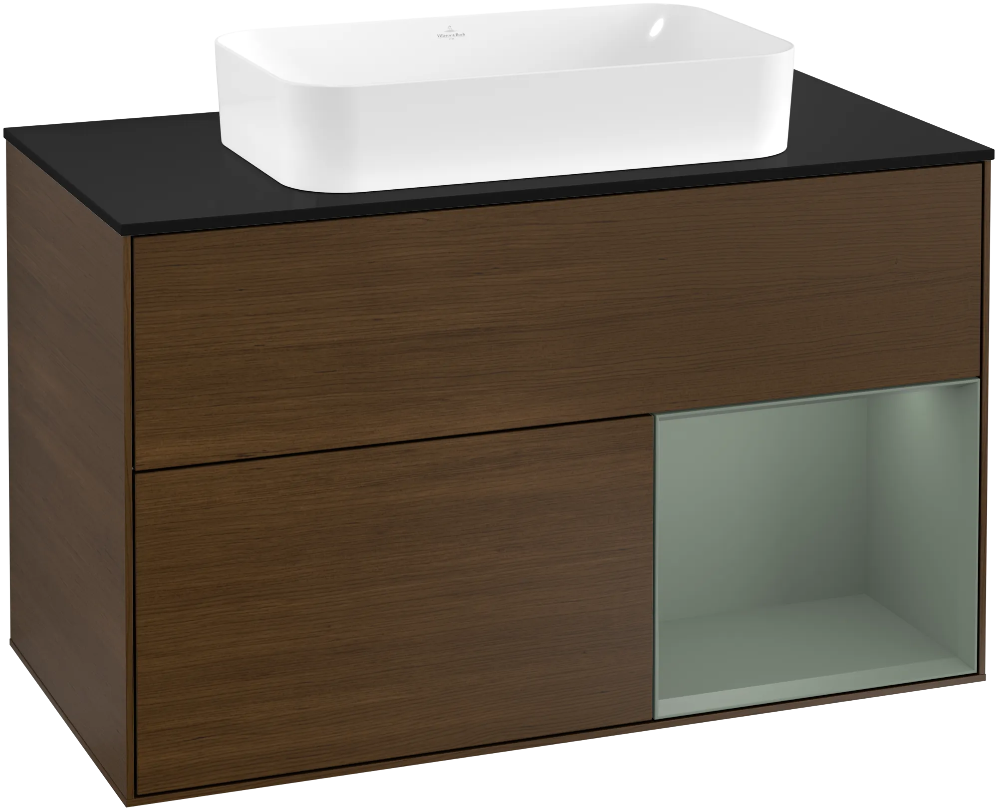 Picture of VILLEROY BOCH Finion Vanity unit, with lighting, 2 pull-out compartments, 1000 x 603 x 501 mm, Walnut Veneer / Olive Matt Lacquer / Glass Black Matt #G252GMGN