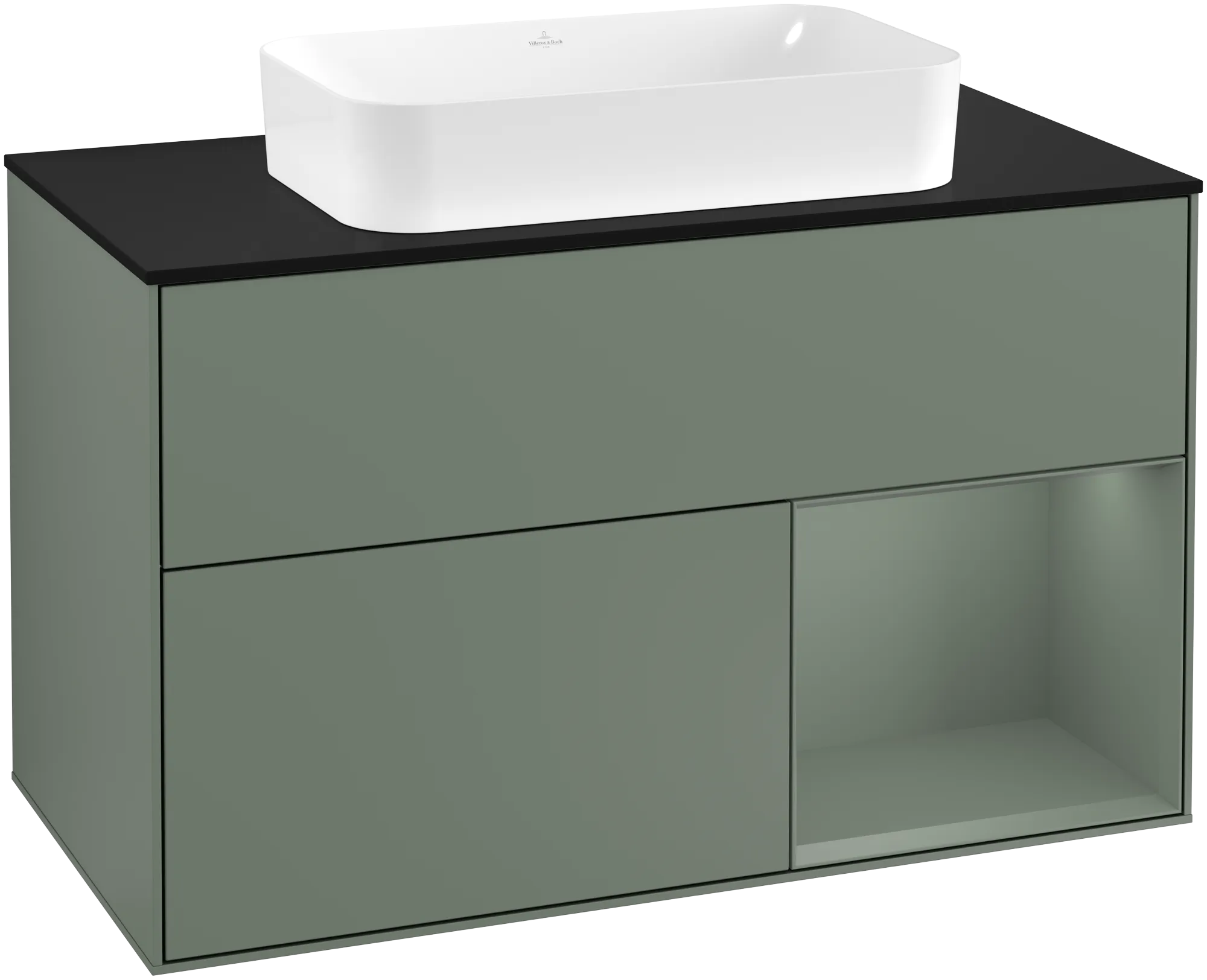 Picture of VILLEROY BOCH Finion Vanity unit, with lighting, 2 pull-out compartments, 1000 x 603 x 501 mm, Olive Matt Lacquer / Olive Matt Lacquer / Glass Black Matt #G252GMGM