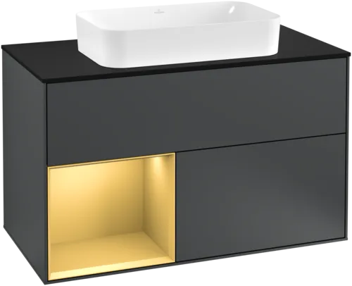 Picture of VILLEROY BOCH Finion Vanity unit, with lighting, 2 pull-out compartments, 1000 x 603 x 501 mm, Midnight Blue Matt Lacquer / Gold Matt Lacquer / Glass Black Matt #G242HFHG