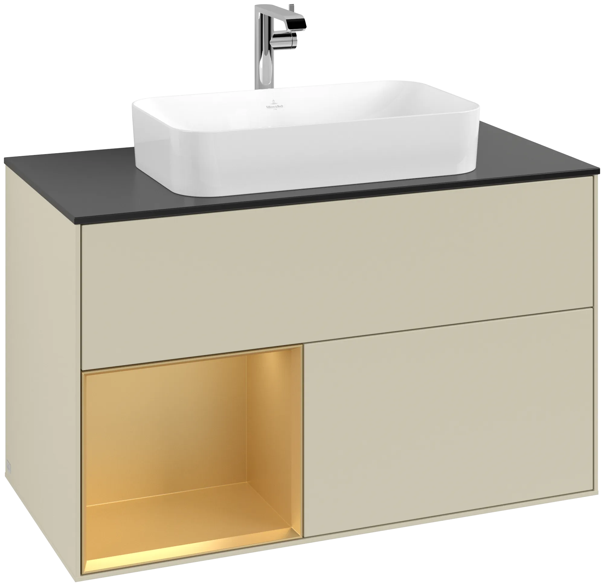Picture of VILLEROY BOCH Finion Vanity unit, with lighting, 2 pull-out compartments, 1000 x 603 x 501 mm, Silk Grey Matt Lacquer / Gold Matt Lacquer / Glass Black Matt #G242HFHJ
