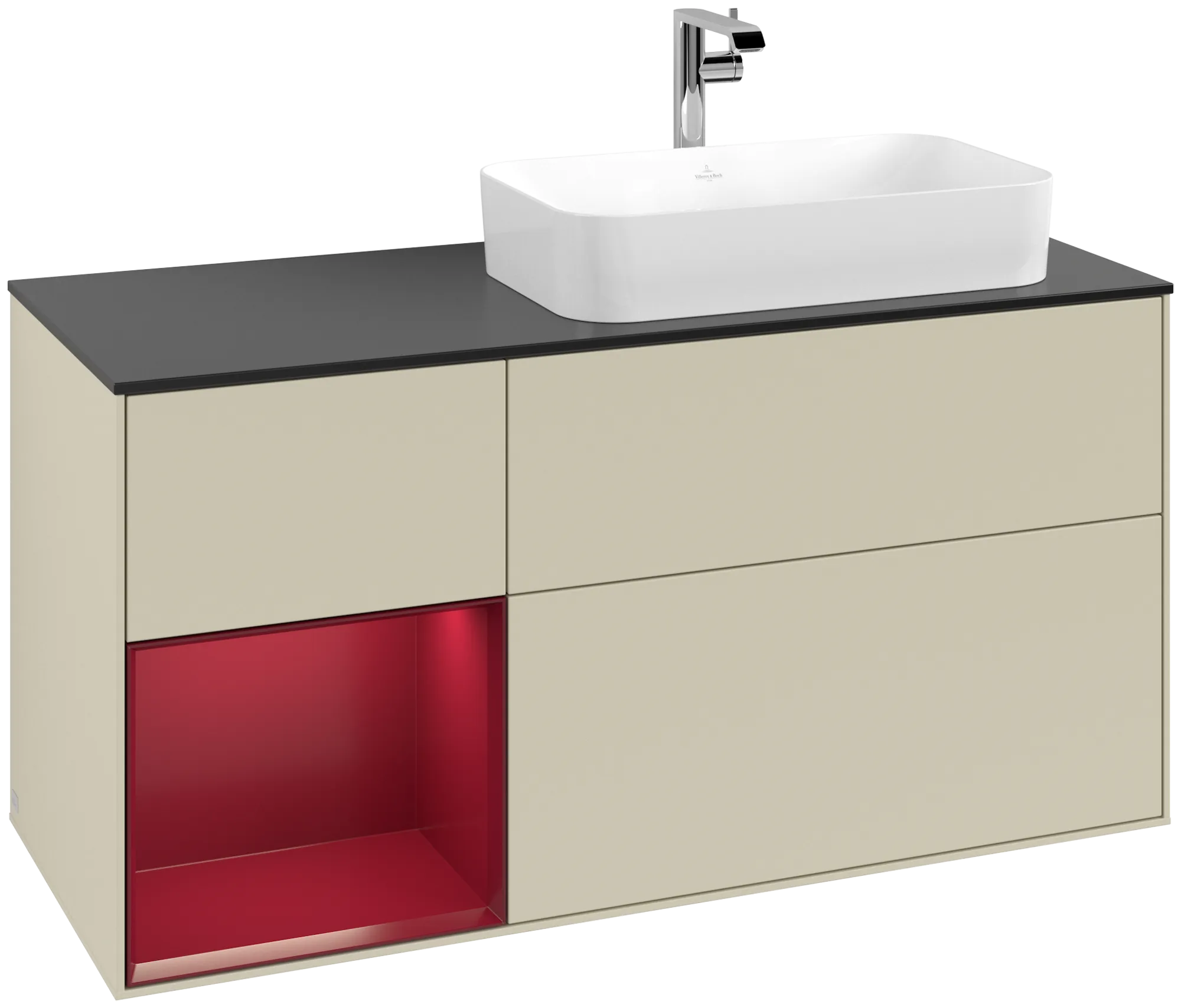 Picture of VILLEROY BOCH Finion Vanity unit, with lighting, 3 pull-out compartments, 1200 x 603 x 501 mm, Silk Grey Matt Lacquer / Peony Matt Lacquer / Glass Black Matt #G272HBHJ
