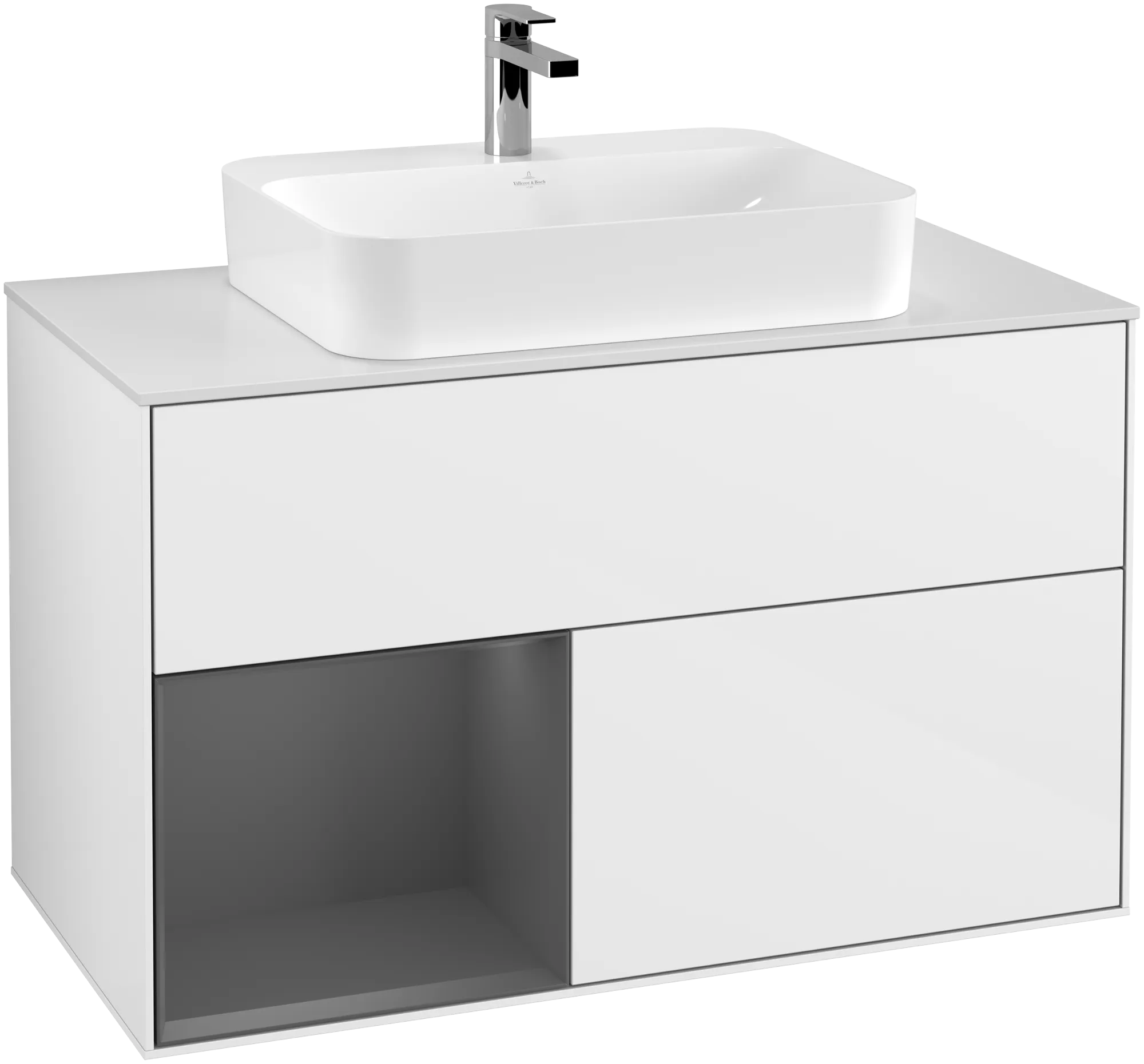 Зображення з  VILLEROY BOCH Finion Vanity unit, with lighting, 2 pull-out compartments, 1000 x 603 x 501 mm, Glossy White Lacquer / Anthracite Matt Lacquer / Glass White Matt #G361GKGF