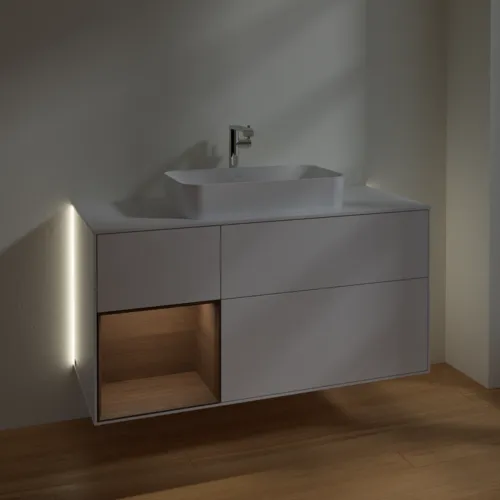 Bild von VILLEROY BOCH Finion Waschbeckenunterschrank, mit Beleuchtung, 3 Auszüge, 1200 x 603 x 501 mm, Glossy White Lacquer / Walnut Veneer / Glass White Matt #G291GNGF