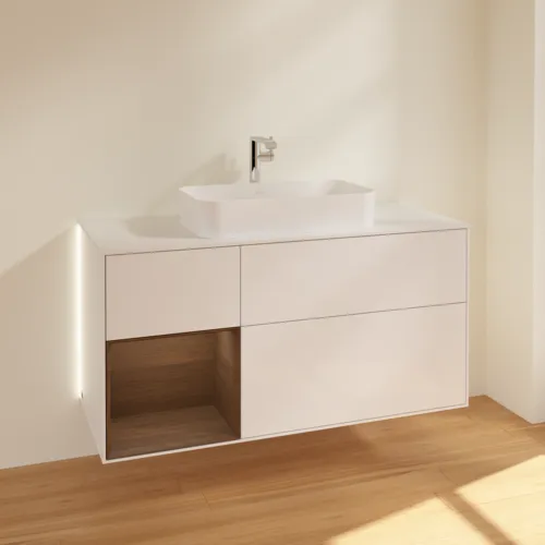 Bild von VILLEROY BOCH Finion Waschbeckenunterschrank, mit Beleuchtung, 3 Auszüge, 1200 x 603 x 501 mm, Glossy White Lacquer / Walnut Veneer / Glass White Matt #G291GNGF