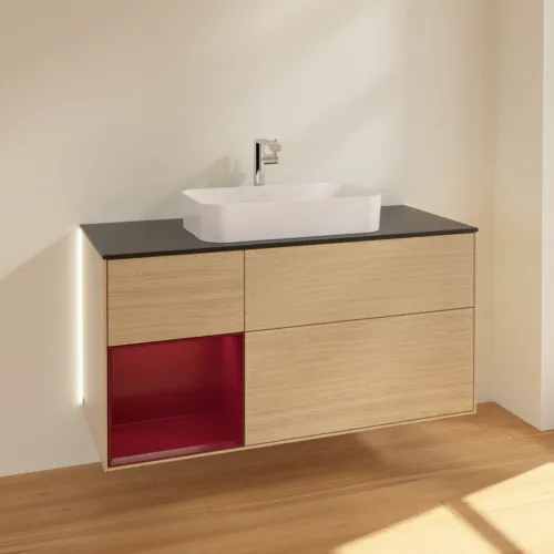 Bild von VILLEROY BOCH Finion Waschbeckenunterschrank, mit Beleuchtung, 3 Auszüge, 1200 x 603 x 501 mm, Oak Veneer / Peony Matt Lacquer / Glass Black Matt #G292HBPC