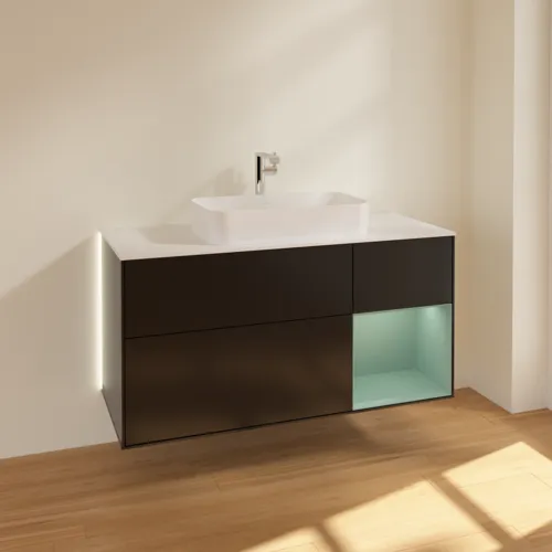 Bild von VILLEROY BOCH Finion Waschbeckenunterschrank, mit Beleuchtung, 3 Auszüge, 1200 x 603 x 501 mm, Black Matt Lacquer / Olive Matt Lacquer / Glass White Matt #G301GMPD