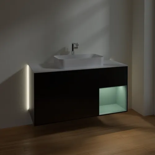 Bild von VILLEROY BOCH Finion Waschbeckenunterschrank, mit Beleuchtung, 3 Auszüge, 1200 x 603 x 501 mm, Black Matt Lacquer / Olive Matt Lacquer / Glass White Matt #G301GMPD
