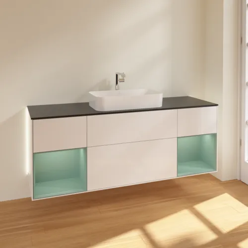 Bild von VILLEROY BOCH Finion Waschbeckenunterschrank, mit Beleuchtung, 4 Auszüge, 1600 x 603 x 501 mm, Glossy White Lacquer / Olive Matt Lacquer / Glass Black Matt #G332GMGF