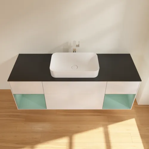 Bild von VILLEROY BOCH Finion Waschbeckenunterschrank, mit Beleuchtung, 4 Auszüge, 1600 x 603 x 501 mm, Glossy White Lacquer / Olive Matt Lacquer / Glass Black Matt #G332GMGF
