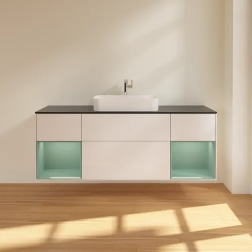 Bild von VILLEROY BOCH Finion Waschbeckenunterschrank, mit Beleuchtung, 4 Auszüge, 1600 x 603 x 501 mm, Glossy White Lacquer / Olive Matt Lacquer / Glass Black Matt #G332GMGF